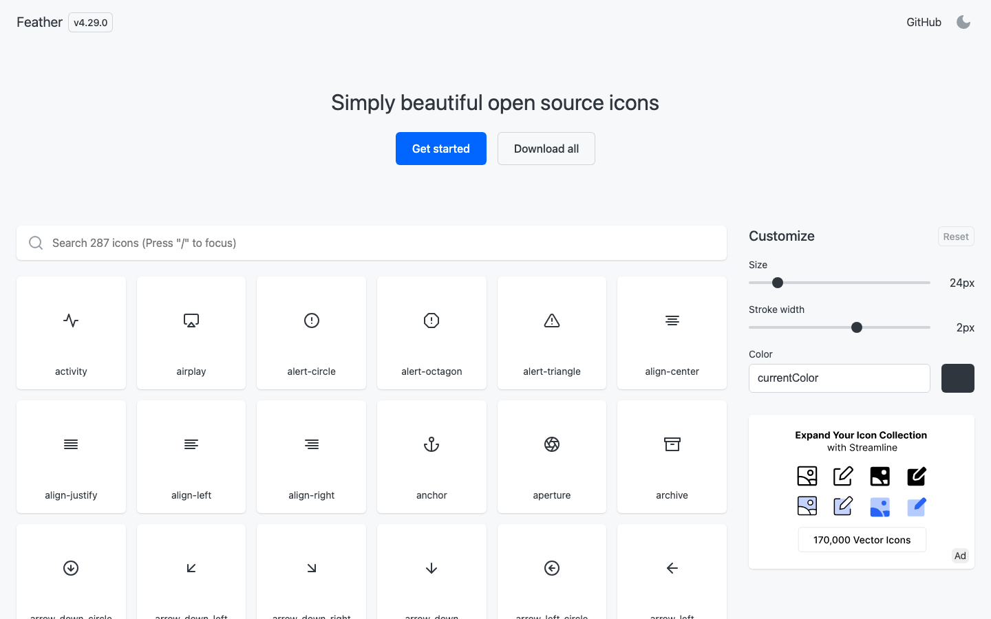 The page presents a vast library of open-source icons in a clean, grid-based layout. The design prioritizes clarity and functionality, using a limited color palette and ample whitespace to emphasize the visual elements. It feels like a tool rather than a showcase. · icon library, open source icons, feather icons, icon set, vector icons, design system, ui icons, minimal icons, icon collection