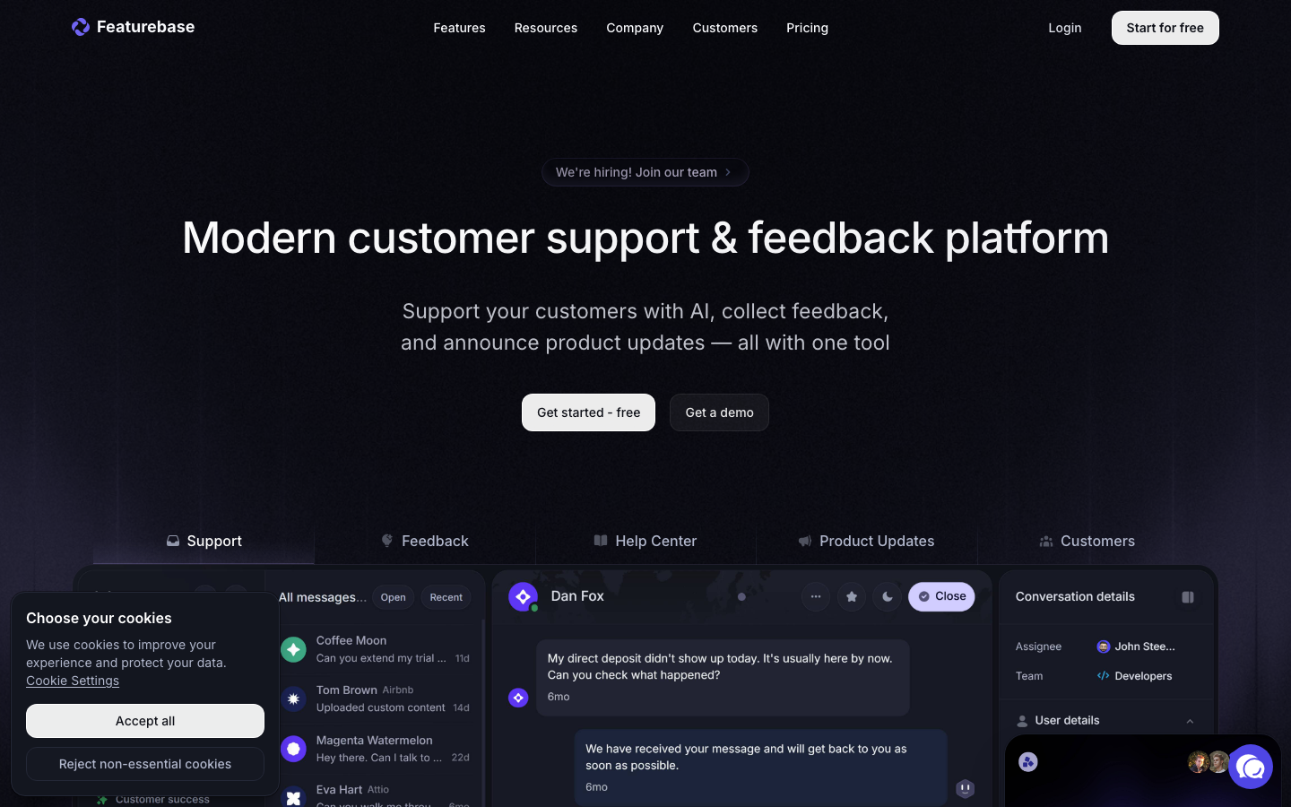 Featurebase – Modern Support & Feedback Platform - Streamline feedback collection, support your customers, and announce product updates — all with one tool  ·  minimalism, dark-mode, monochrome, brutalism, saas, developer-tools, ai, hero-with-cta, sticky-nav, logo-cloud, hero-fullbleed, feature-trio
