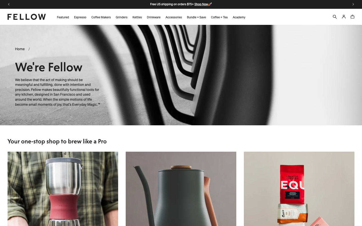 The page uses a soft, muted color palette and ample negative space to highlight the product. Typography is clean and understated, prioritizing clarity over ornamentation. The overall feel is refined and approachable.  ·  coffee kettle, kitchenware, minimalist design, gift for mom, fellow products, home goods, muted colors, product showcase
