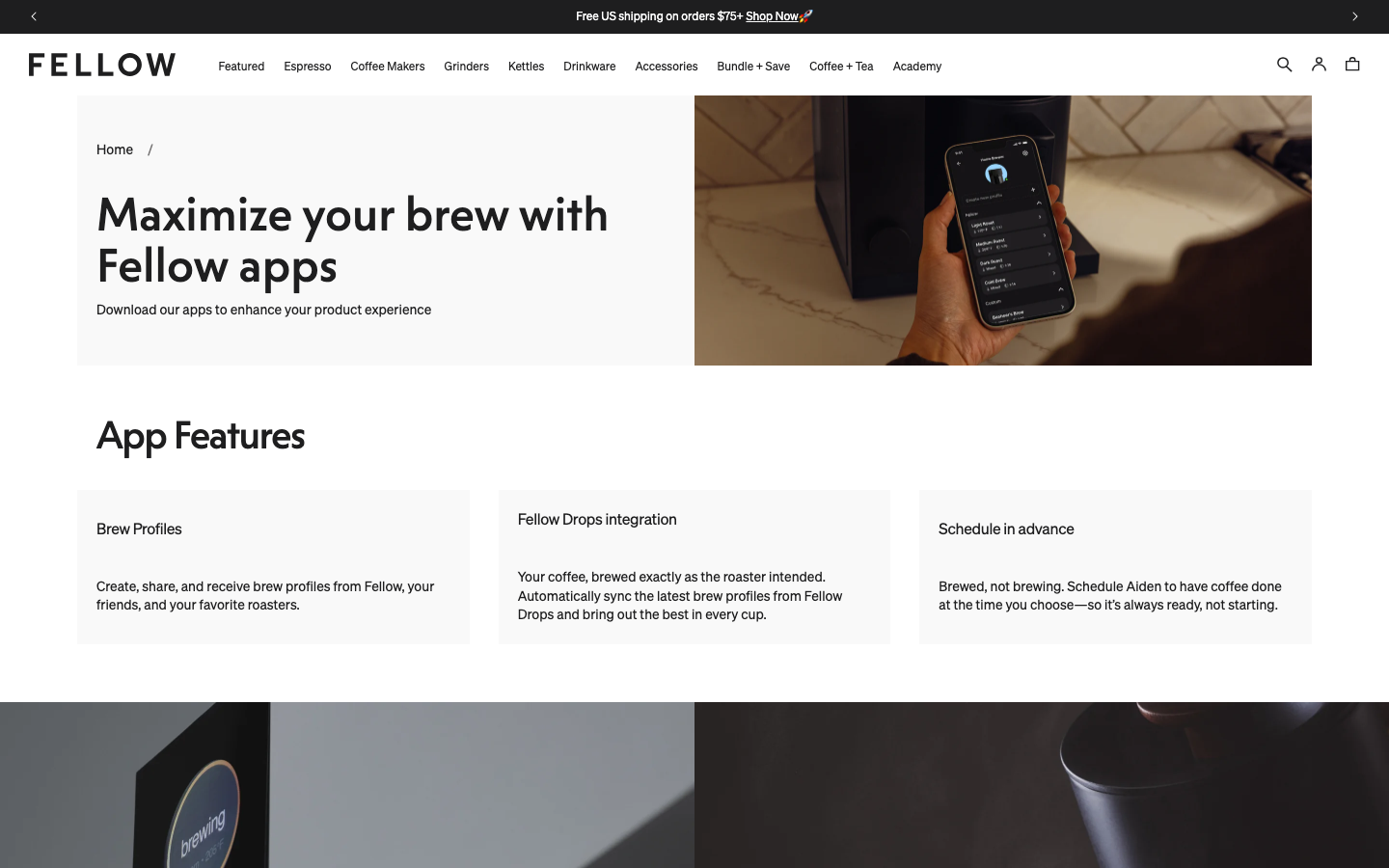 The page uses a soft, muted color palette and ample negative space to highlight the product. Typography is clean and understated, prioritizing clarity over ornamentation. The overall feel is refined and approachable. · coffee kettle, kitchenware, minimalist design, gift for mom, fellow products, home goods, muted colors, product showcase