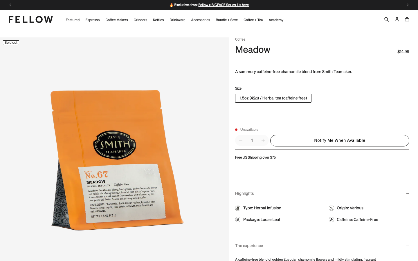 The page uses a soft, muted color palette and ample negative space to highlight the product. Typography is clean and understated, prioritizing clarity over ornamentation. The overall feel is refined and approachable. · coffee kettle, kitchenware, minimalist design, gift for mom, fellow products, home goods, muted colors, product showcase
