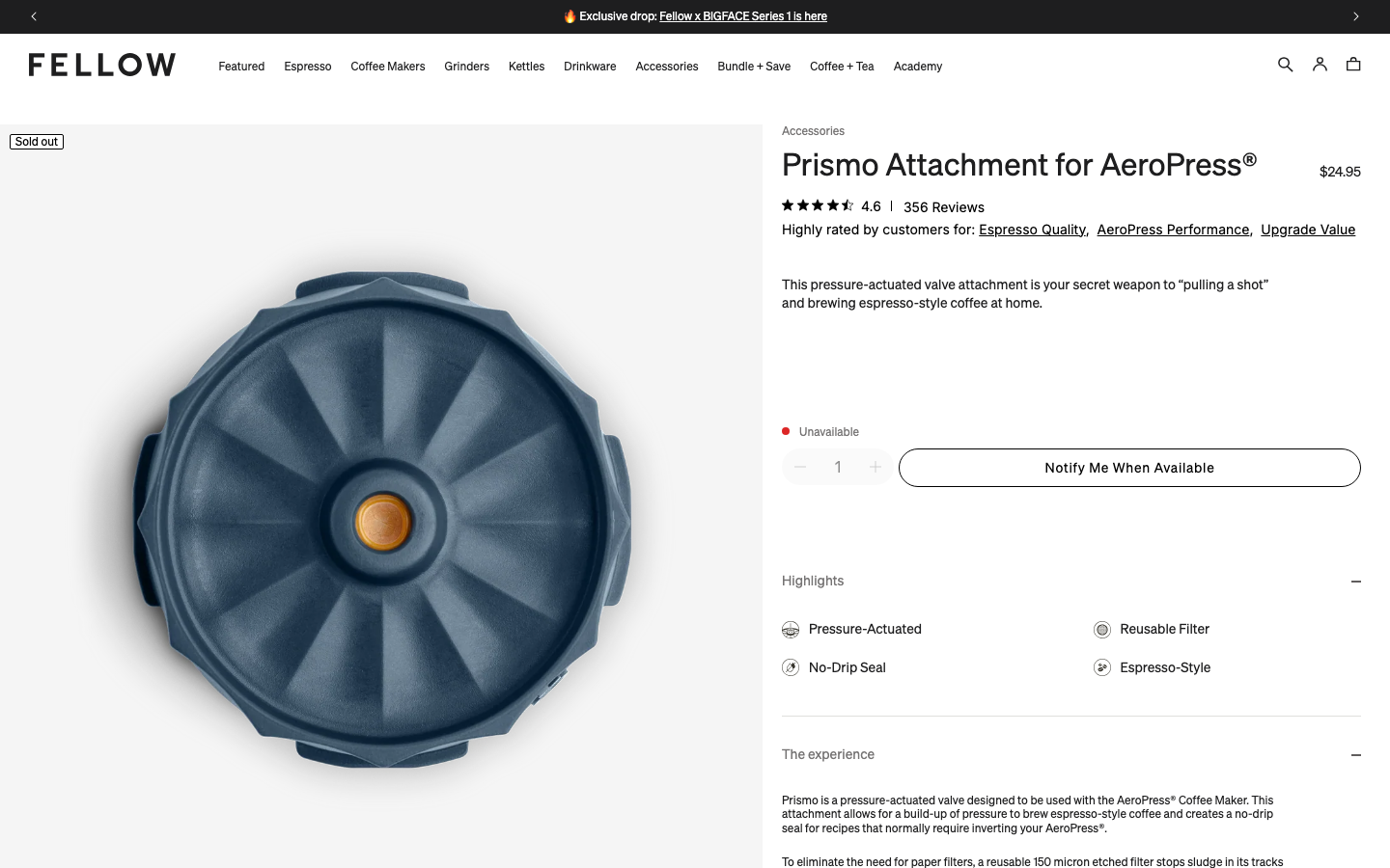 The page uses a soft, muted color palette and ample negative space to highlight the product. Typography is clean and understated, prioritizing clarity over ornamentation. The overall feel is refined and approachable. · coffee kettle, kitchenware, minimalist design, gift for mom, fellow products, home goods, muted colors, product showcase