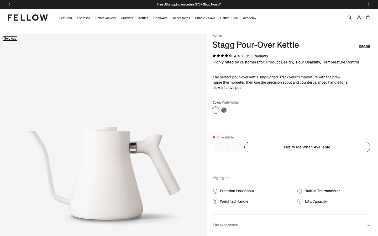 The page uses a soft, muted color palette and ample negative space to highlight the product. Typography is clean and understated, prioritizing clarity over ornamentation. The overall feel is refined and approachable. · coffee kettle, kitchenware, minimalist design, gift for mom, fellow products, home goods, muted colors, product showcase