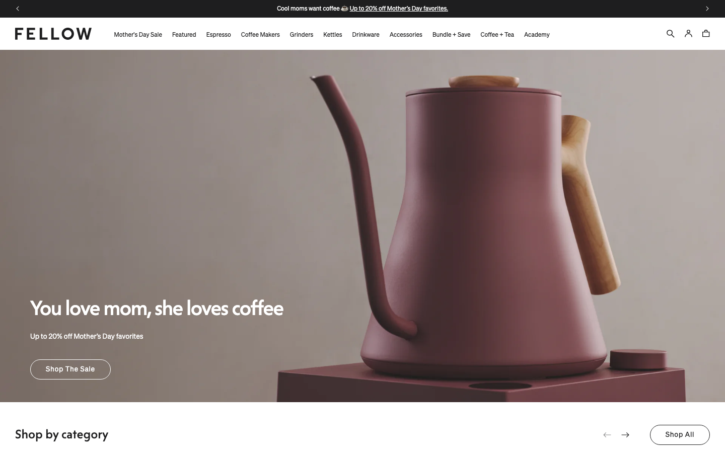 The page uses a soft, muted color palette and ample negative space to highlight the product. Typography is clean and understated, prioritizing clarity over ornamentation. The overall feel is refined and approachable. · coffee kettle, kitchenware, minimalist design, gift for mom, fellow products, home goods, muted colors, product showcase