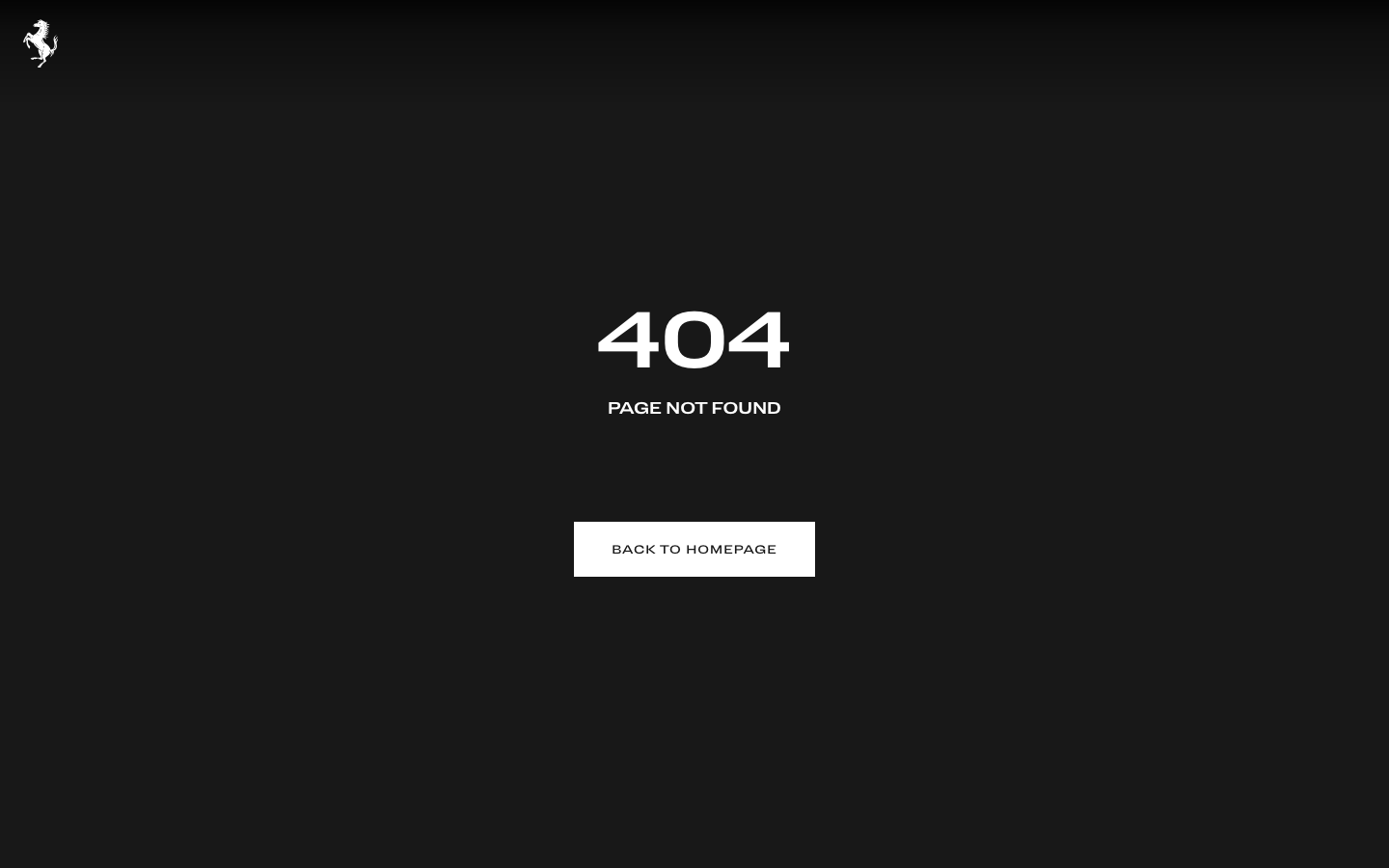 The image dominates the viewport, establishing a sense of speed and power. The stark white text and minimal interface contribute to a feeling of focused intensity. The overall aesthetic prioritizes visual impact over detailed information. · luxury car hero, sports car landing page, dark website design, minimalist automotive, ferrari website, speed aesthetic, high contrast design, automotive photography
