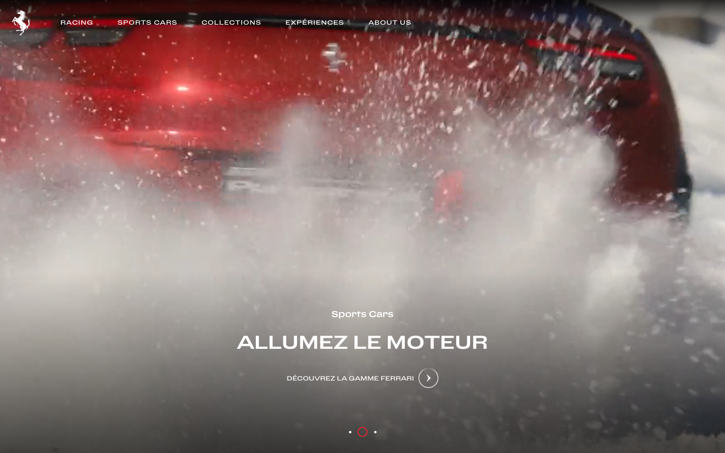 The image dominates the viewport, establishing a sense of speed and power. The stark white text and minimal interface contribute to a feeling of focused intensity. The overall aesthetic prioritizes visual impact over detailed information. · luxury car hero, sports car landing page, dark website design, minimalist automotive, ferrari website, speed aesthetic, high contrast design, automotive photography