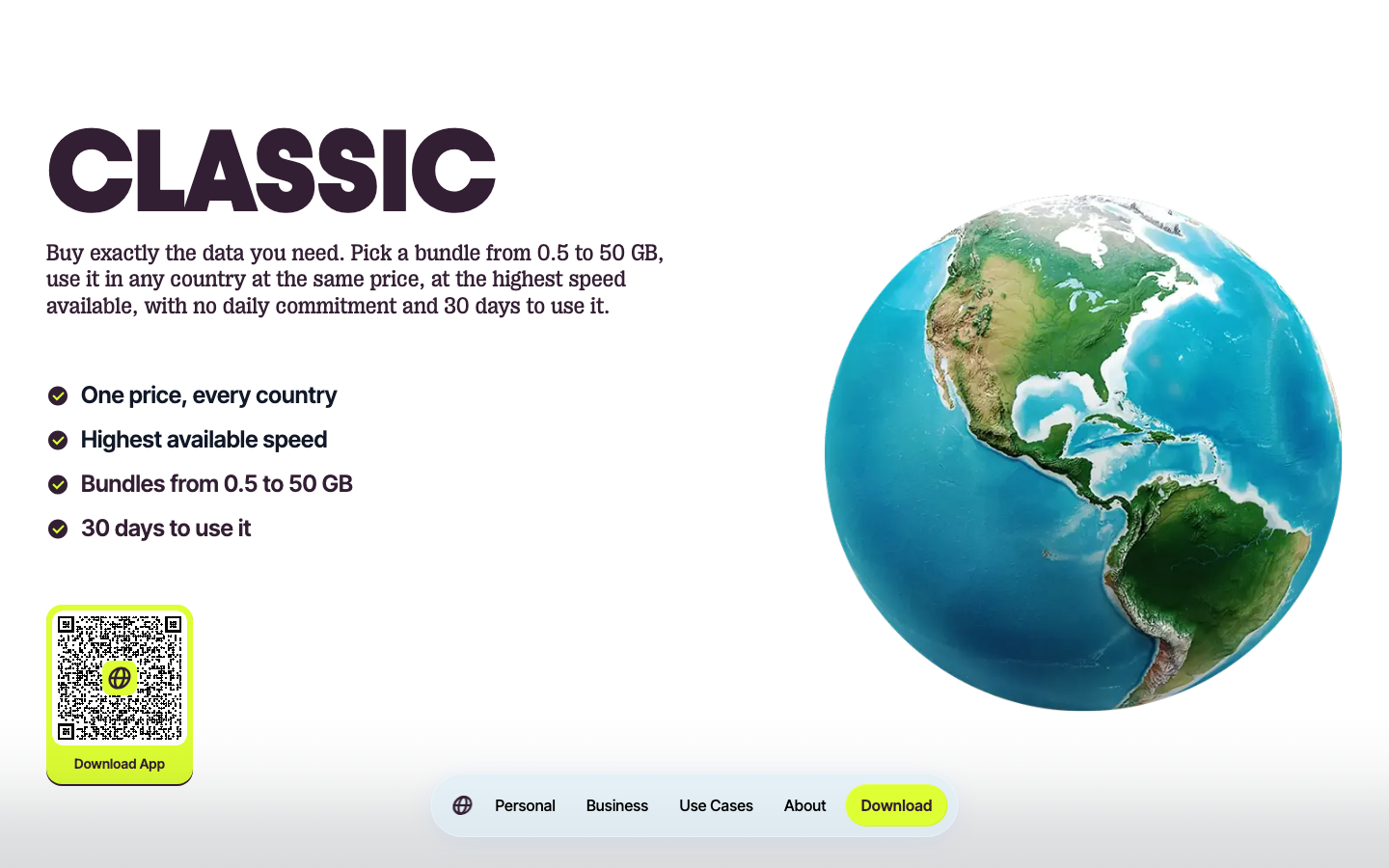 Clean, high-contrast layout featuring heavy sans-serif typography and a floating 3D globe. A bright lime-yellow accent color is used sparingly for high-priority CTAs against a soft grey background. · esim landing page, 3d globe hero, lime yellow accents, minimalist tech layout, bold sans-serif typography