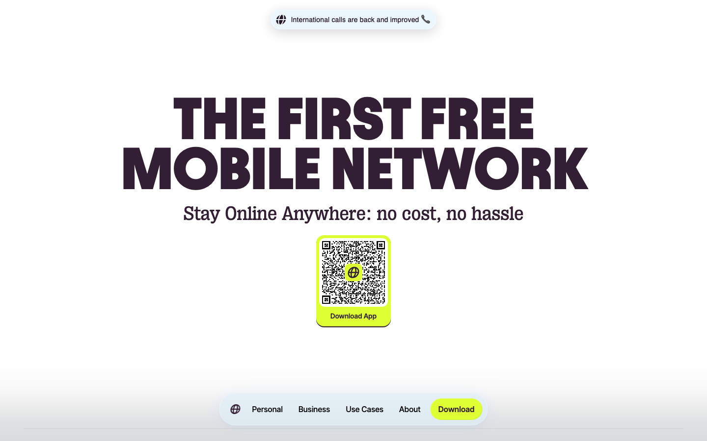 High-impact typographic hero featuring a heavy sans-serif headline in deep purple against a stark white background. A neon lime green QR code provides a sharp, functional focal point. · bold typography hero, minimalist app landing, high contrast purple and lime, qr code cta, swiss style tech page