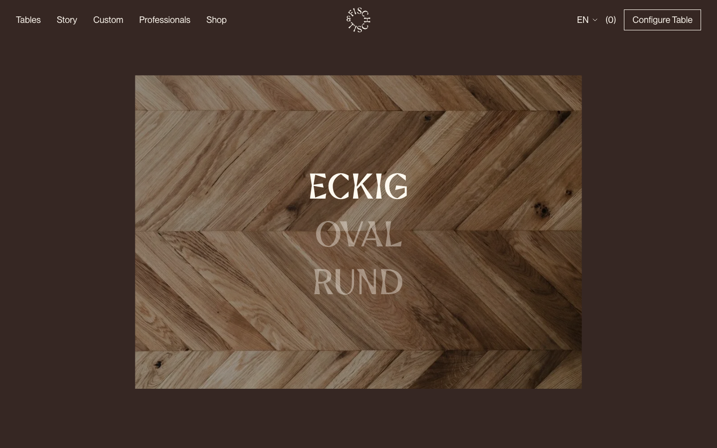 A high-contrast composition featuring a deep chocolate brown background and a centered, high-resolution wood grain image. Elegant serif typography is overlaid on the image, creating a sophisticated, gallery-like atmosphere. · luxury furniture hero, earthy tone website, minimalist ecommerce, serif typography overlay, dark brown aesthetic, editorial furniture layout