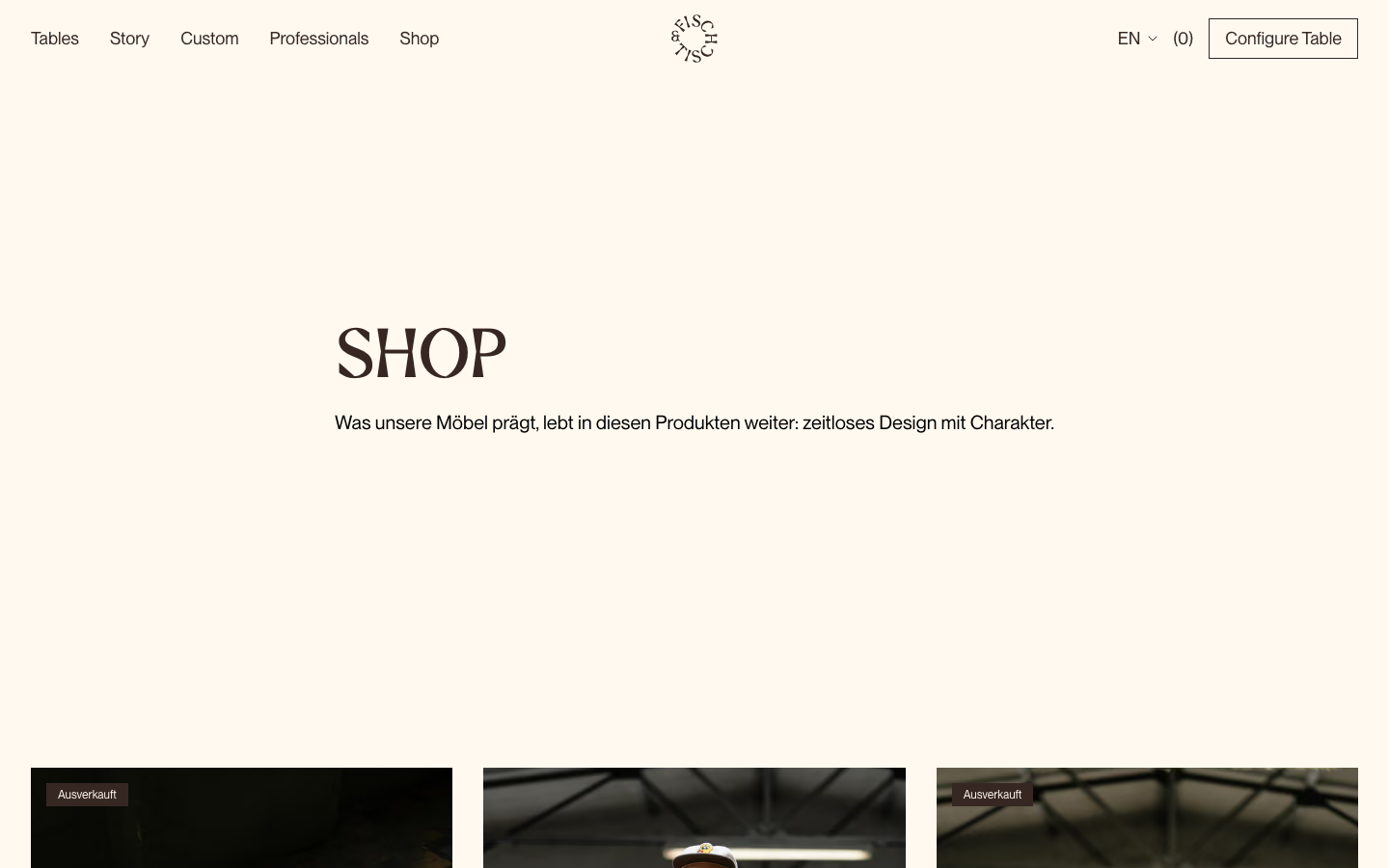 A high-end furniture shop featuring a cream-toned background and generous white space. The typography is a clean, bold sans-serif centered in a spacious hero area above a uniform product grid. · minimalist ecommerce, luxury furniture shop, cream aesthetic, editorial layout, high end product grid