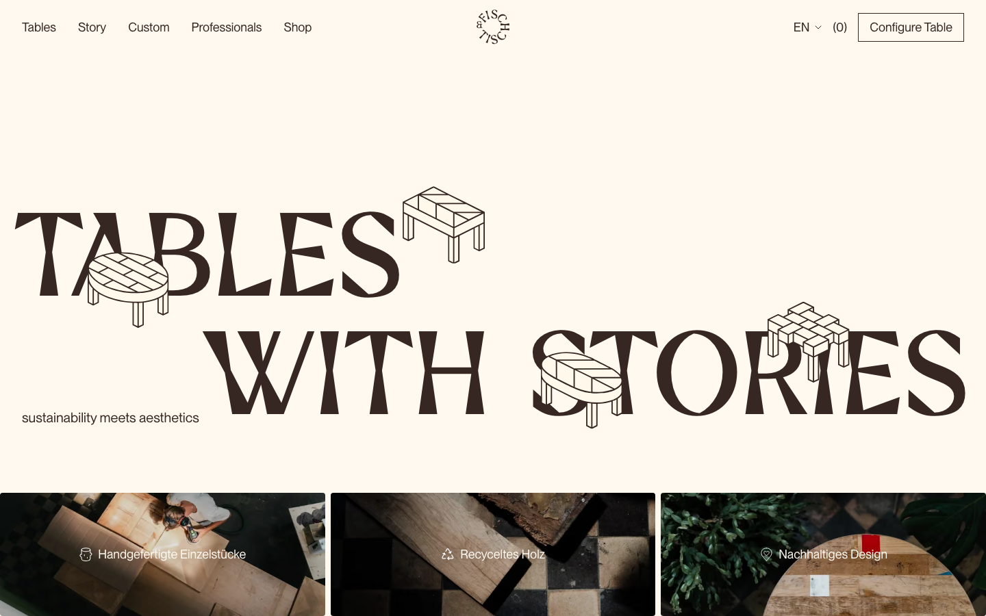 A high-contrast layout featuring oversized, custom-illustrated typography integrated with line-art furniture sketches. The palette uses a warm cream background with deep brown accents for a natural, artisanal feel. · artisanal furniture web design, custom typography hero, earthy tones ecommerce, minimalist furniture landing page, editorial layout wood