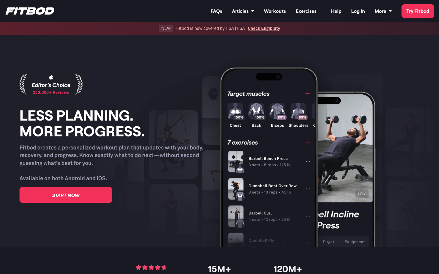 The layout prioritizes a clear, functional presentation of features, using a grid to showcase workout details and app functionality. The dark color palette and clean typography contribute to a focused, efficient feel. · fitness app, workout tracker, exercise library, health tech, fitness platform, gym app, muscle training, personal trainer app, fitness software, exercise database