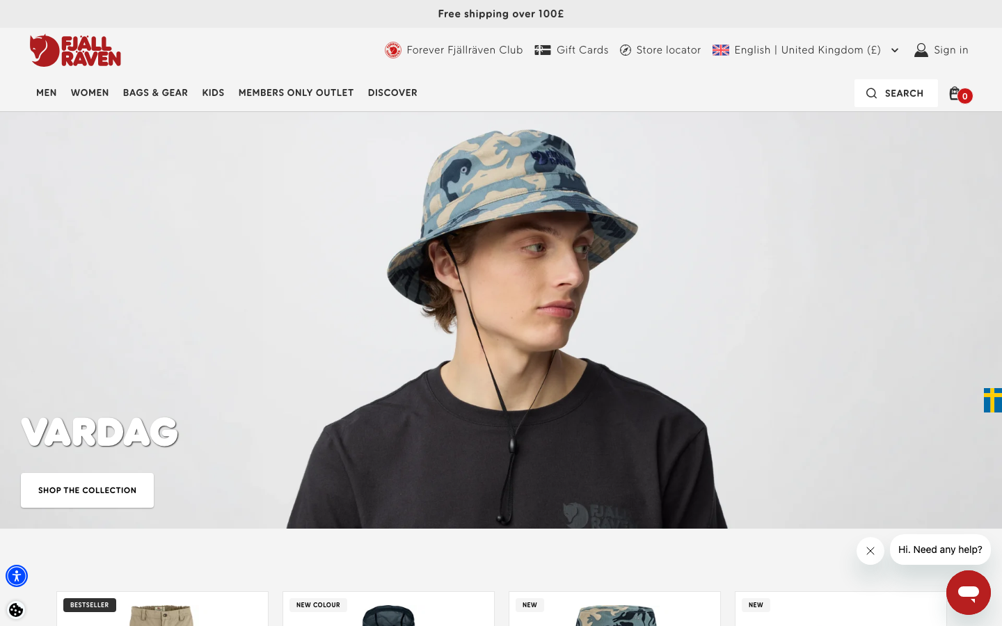 The page uses a clean layout with a large hero image and product previews below. The color palette is muted and earthy, creating a calm and sophisticated feel. Typography is clean and legible, emphasizing product details. · outdoor apparel, sustainable fashion, bucket hat, minimalist ecommerce, muted color palette, product showcase, brand hero, technical outerwear