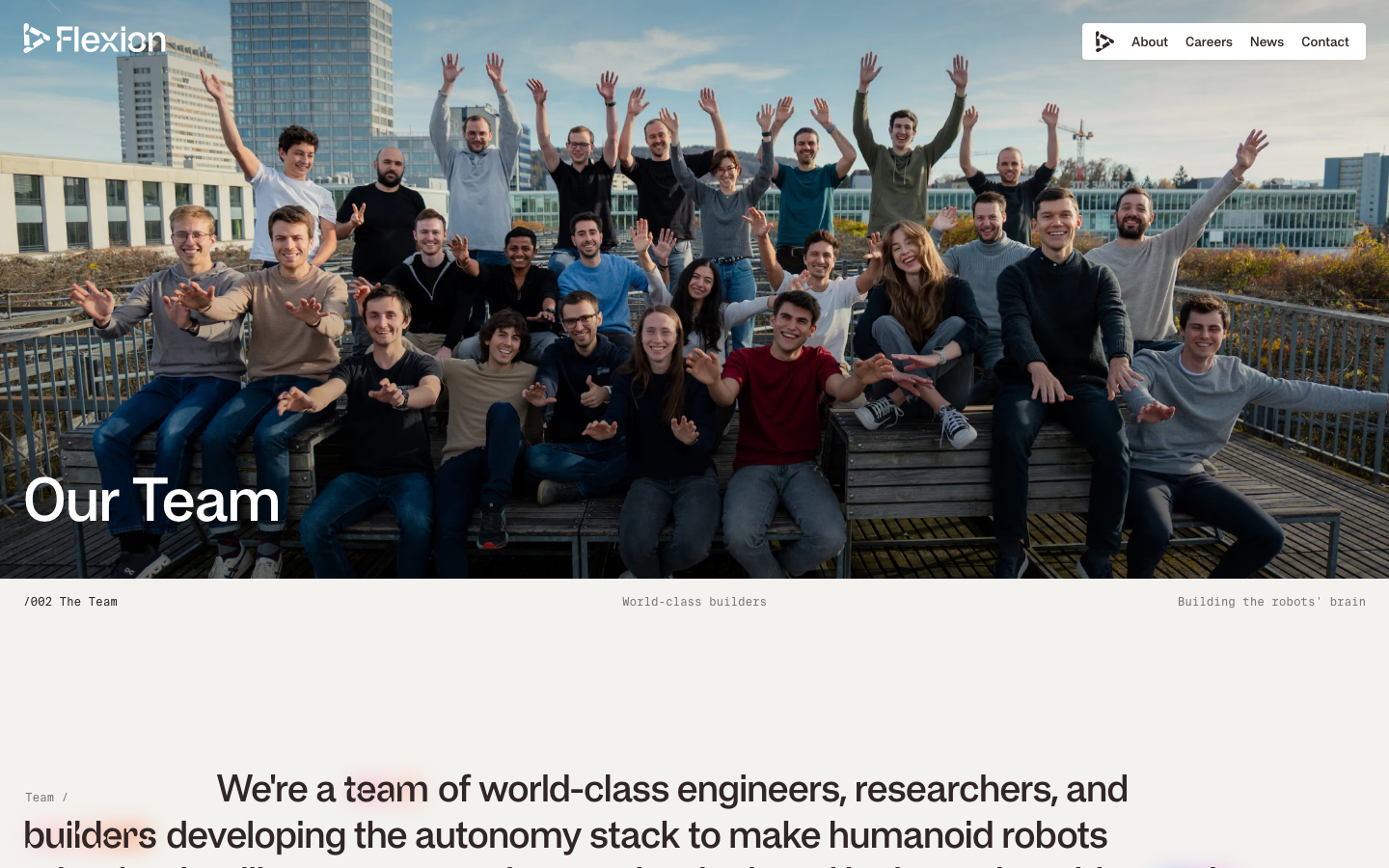 Flexion Robotics · About - A clean, high-contrast layout featuring a full-bleed team photograph. The typography uses a mix of bold sans-serif headers and a refined, spacious editorial grid below the fold.  ·  ai team page, editorial robotics site, fullbleed hero image, minimalist corporate about page, high contrast typography