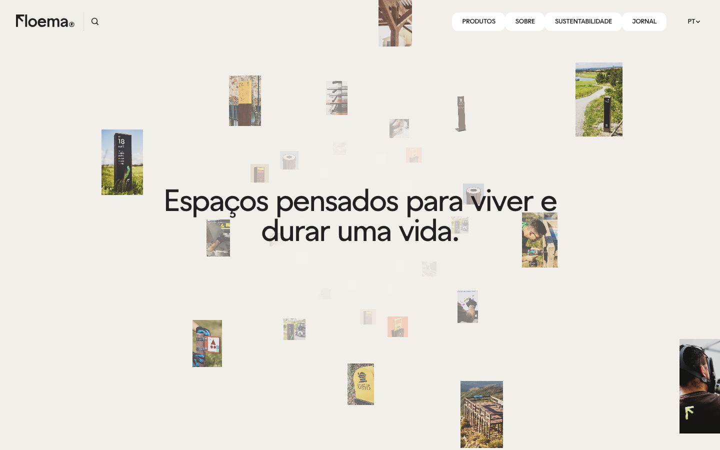 Floema® — Espaços pensados para viver e durar uma vida. - Sinalética, mobiliário e equipamentos para criar espaços funcionais e sustentáveis, abertos às comunidades e que potenciam os territórios.  ·  minimalism, editorial, swiss, agency, portfolio, bento-grid, logo-cloud, hero-fullbleed
