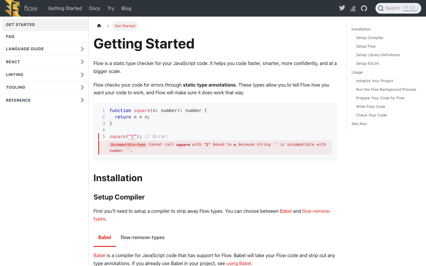 The design prioritizes clarity and functionality through a stark contrast of dark and light, emphasizing typography and a clean layout. The limited color palette and precise spacing create a sense of focused professionalism. · javascript type checker, developer tools, static analysis, code quality, dark theme, technical website, minimalist design, code editor, flow.org, typescript