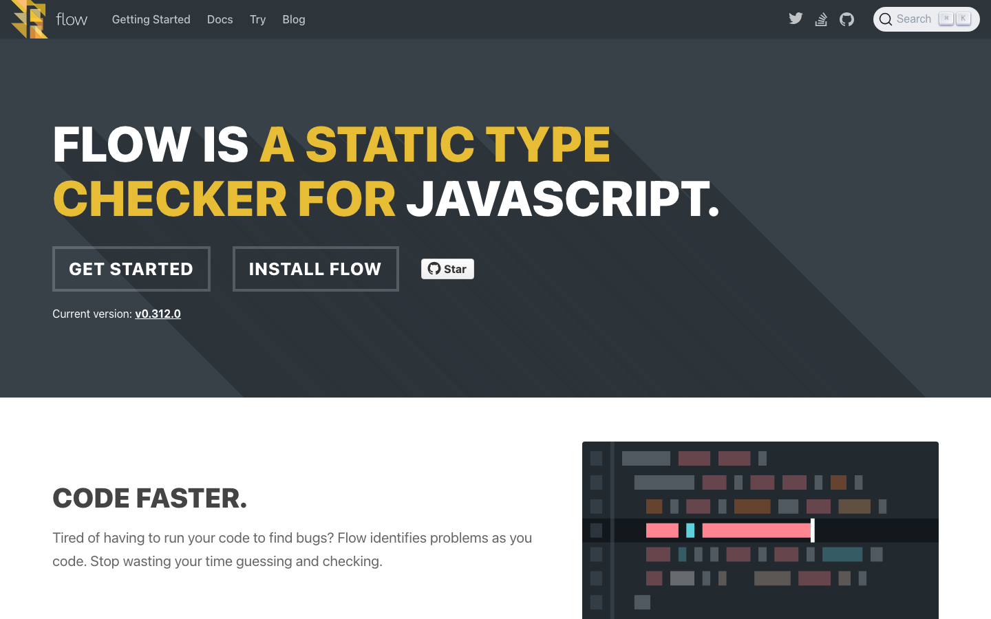 Flow - The design prioritizes clarity and functionality through a stark contrast of dark and light, emphasizing typography and a clean layout. The limited color palette and precise spacing create a sense of focused professionalism.  ·  javascript type checker, developer tools, static analysis, code quality, dark theme, technical website, minimalist design, code editor, flow.org, typescript