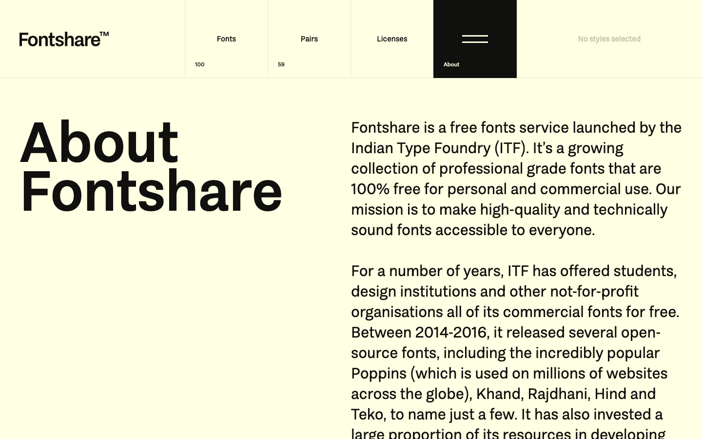 Fontshare — About - full page scroll