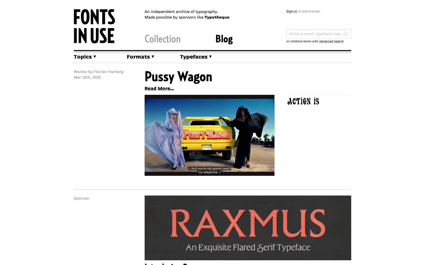 The layout prioritizes showcasing type specimens and typographic explorations. The grid is clean and spacious, allowing each featured piece to breathe. It feels like a curated collection rather than a sales pitch. · font showcase, typography blog, type specimen, design archive, lettering examples, font exploration, typeface collection, editorial design, minimalist grid