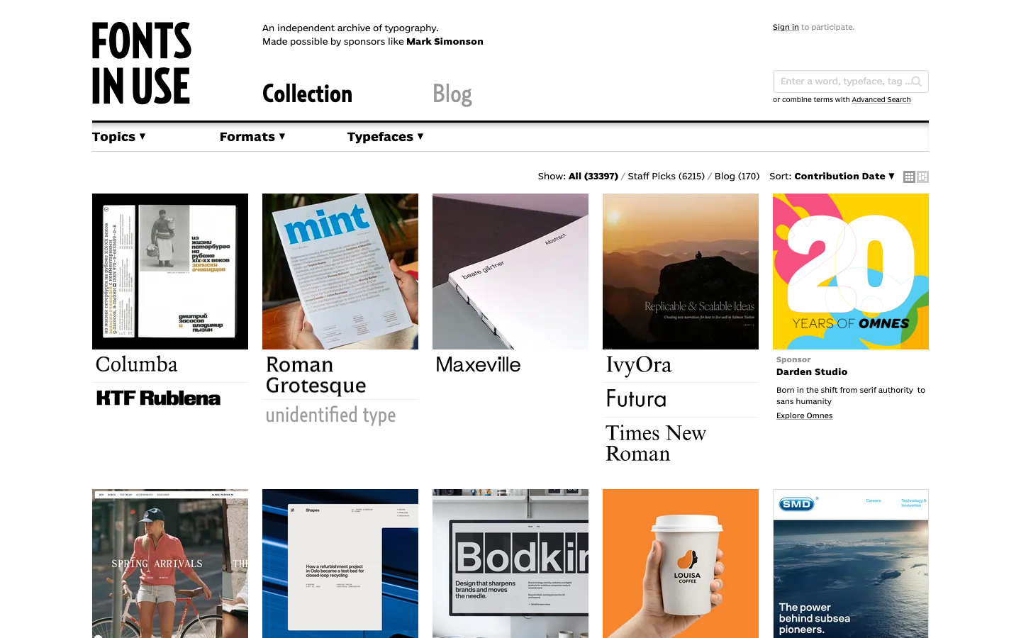 The layout prioritizes showcasing type specimens and typographic explorations. The grid is clean and spacious, allowing each featured piece to breathe. It feels like a curated collection rather than a sales pitch. · font showcase, typography blog, type specimen, design archive, lettering examples, font exploration, typeface collection, editorial design, minimalist grid