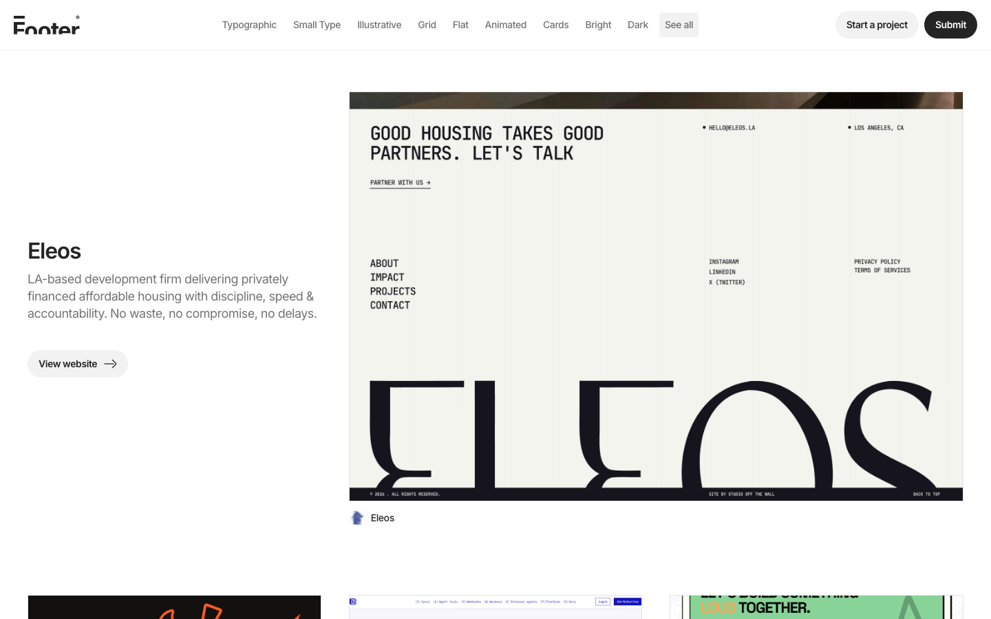 Footer — The only footer gallery on earth. - Footer is a curated gallery of the top website footer inspiration on earth. Find the footers you need and sort by type and style.  ·  minimalism, editorial, swiss, agency, developer-tools, portfolio, hero-fullbleed, logo-cloud, sticky-nav