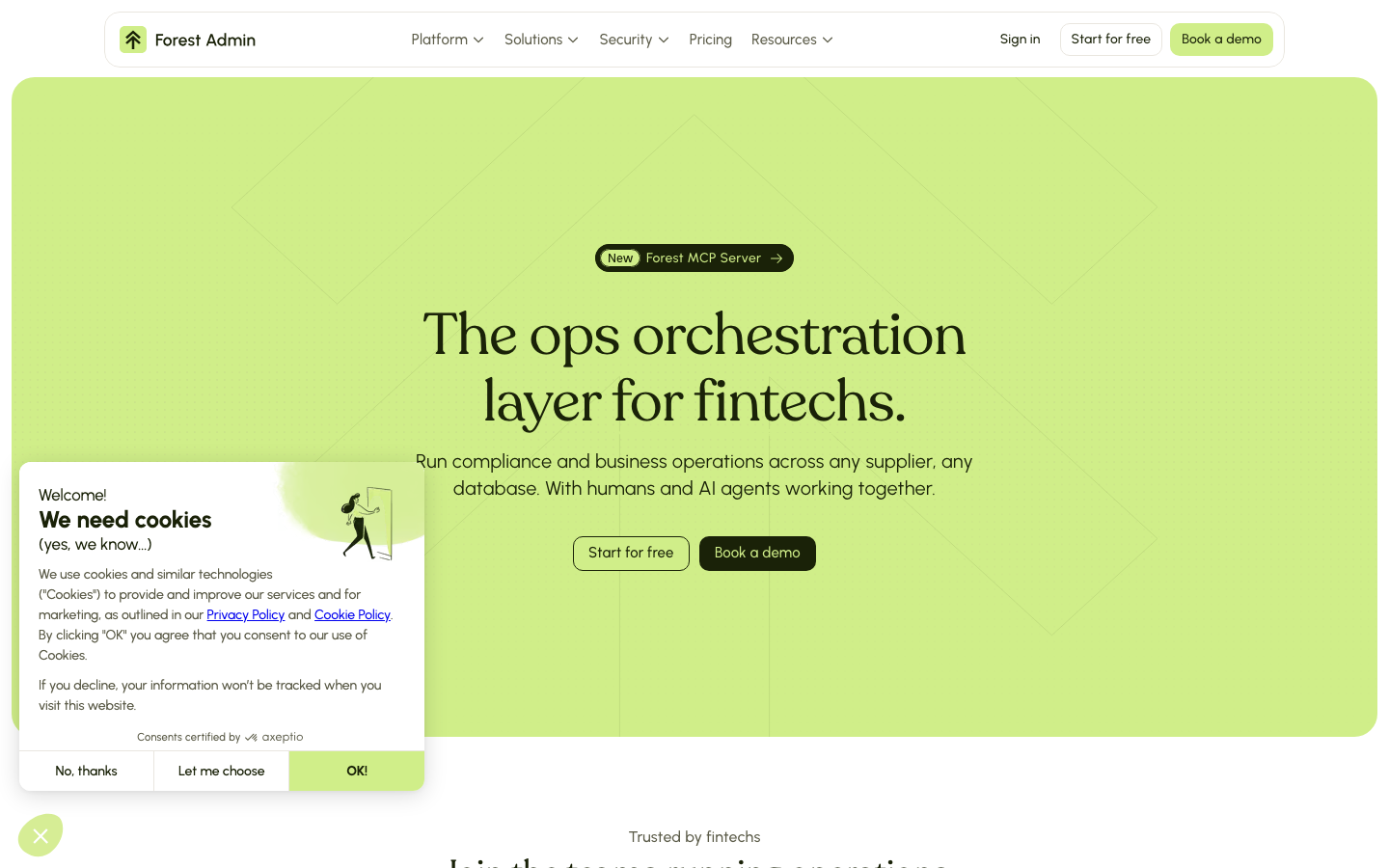 Forest Admin: the Fintech Ops Orchestration Layer for AI Teams - Run Fintech workflows across any supplier or database: KYC, AML, fraud, compliance... Forest Admin is the ops orchestration layer where humans and AI agents work together. And data stays in your infra.
  ·  minimalism, swiss, monochrome, fintech, developer-tools, ai, hero-with-cta, logo-cloud, feature-trio, sticky-nav