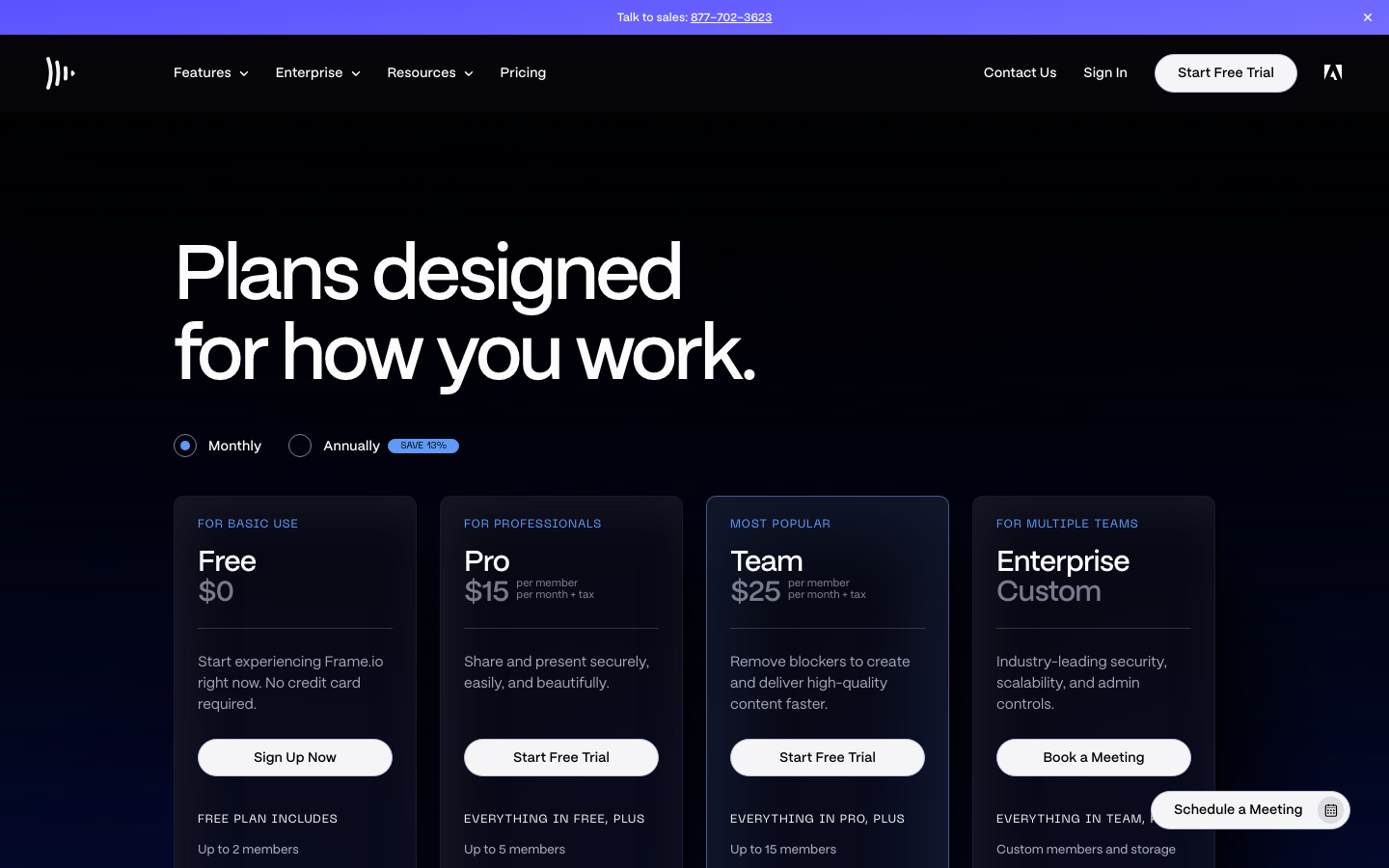 The page prioritizes a clean, functional layout with a dark color palette and strong typography. The left sidebar acts as a persistent navigation hub, contrasting with the main content area showcasing asset management. Visual density is moderate, focusing on clarity and ease of access. · dark saas, asset management, creative workflow, developer tools, project management, file organization, minimal dark, technical interface, frame io, digital asset