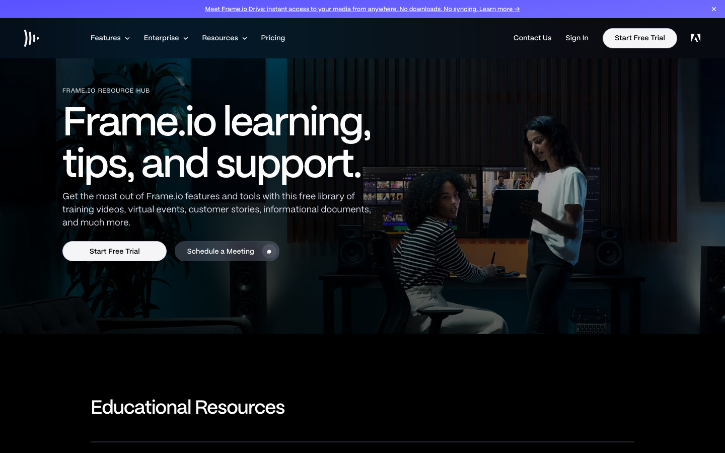 The page prioritizes a clean, functional layout with a dark color palette and strong typography. The left sidebar acts as a persistent navigation hub, contrasting with the main content area showcasing asset management. Visual density is moderate, focusing on clarity and ease of access. · dark saas, asset management, creative workflow, developer tools, project management, file organization, minimal dark, technical interface, frame io, digital asset