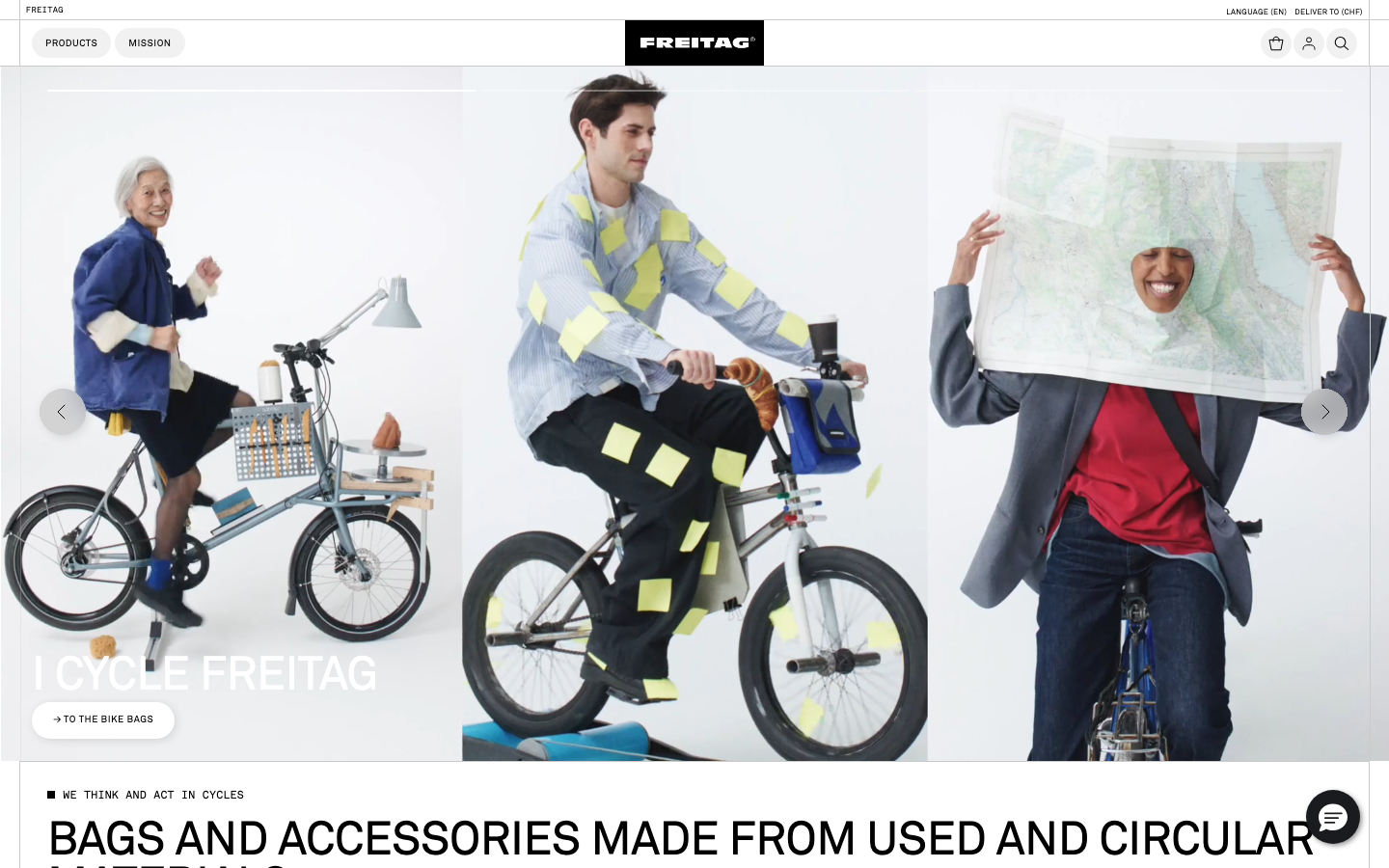 The layout prioritizes visual storytelling through dynamic photography. The muted color palette and generous white space create a sense of calm, emphasizing the product's functionality and design. Typography is clean and functional, supporting the imagery without distraction. · freitag bags, cycling accessories, urban lifestyle, product photography, minimalist design, sustainable bags, street style, modular bags, circular economy