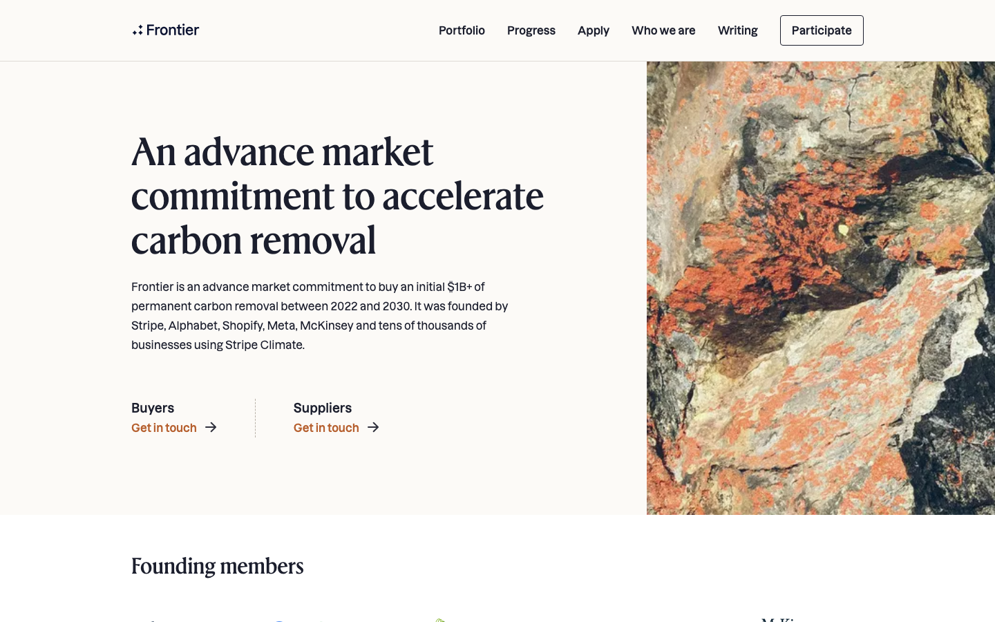 The page uses a stark split-screen to juxtapose a powerful image of geological strata with concise, impactful text. The typography is clean and functional, prioritizing readability and a sense of authority. The overall feel is grounded and informative. · climate action, carbon removal, environmental agency, impact report, sustainable solutions, frontier climate, impact investing