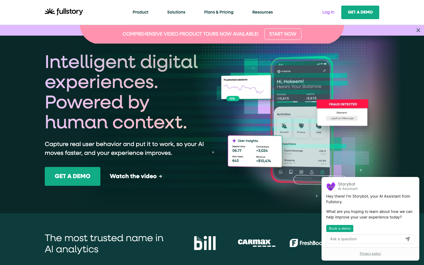 The page uses a stark, dark palette with bright accent colors to highlight key metrics and features. The layout is structured with a sticky navigation and a scrolling right pane showcasing product details alongside a left pane of labels and data points. · saas analytics, product insights, user behavior, fullstory dashboard, ai analytics, digital experience, performance monitoring, data visualization, product analytics