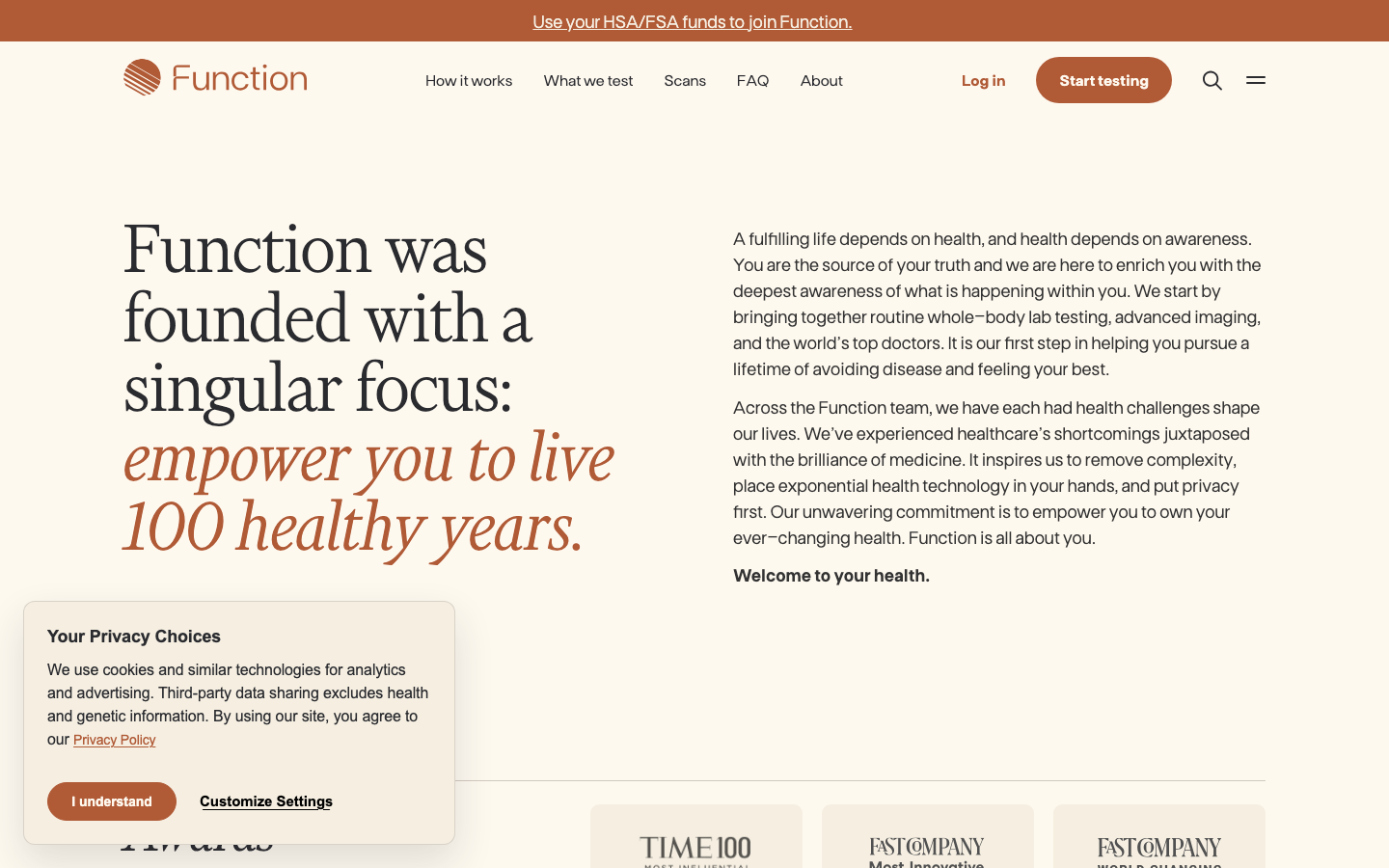 Functionhealth — About - The page uses a full-bleed image and a clean layout with ample white space. Typography is straightforward and legible, prioritizing clarity and a sense of calm authority. The color palette is muted and earthy, reinforcing a feeling of trustworthiness.  ·  health tech, wellness platform, genetic testing, functional medicine, health scans, data privacy, personalized health