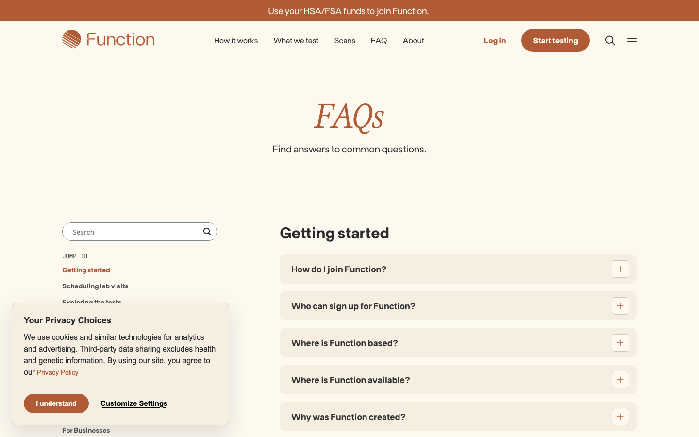 The page uses a full-bleed image and a clean layout with ample white space. Typography is straightforward and legible, prioritizing clarity and a sense of calm authority. The color palette is muted and earthy, reinforcing a feeling of trustworthiness. · health tech, wellness platform, genetic testing, functional medicine, health scans, data privacy, personalized health