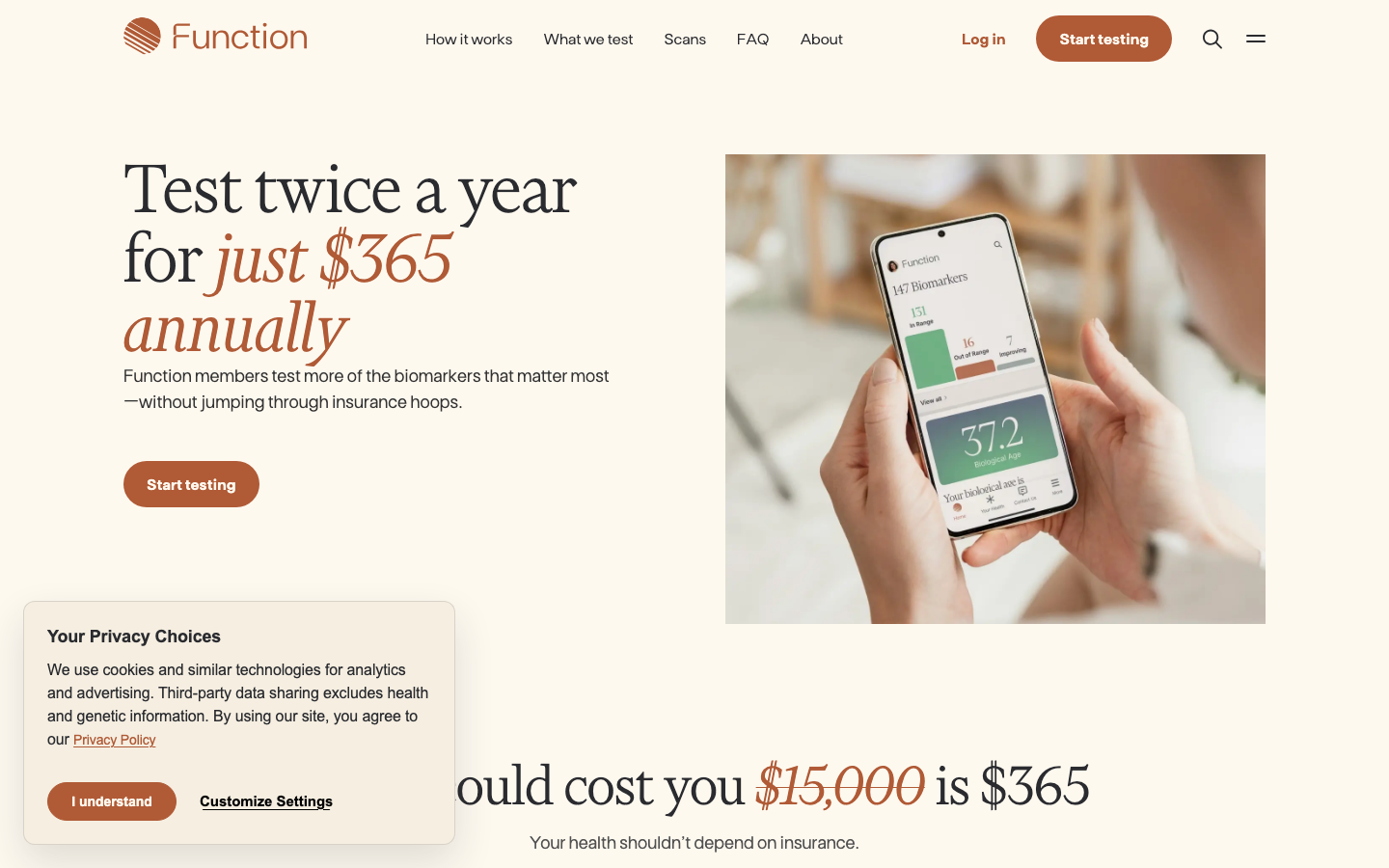 Functionhealth — Pricing - The page uses a full-bleed image and a clean layout with ample white space. Typography is straightforward and legible, prioritizing clarity and a sense of calm authority. The color palette is muted and earthy, reinforcing a feeling of trustworthiness.  ·  health tech, wellness platform, genetic testing, functional medicine, health scans, data privacy, personalized health