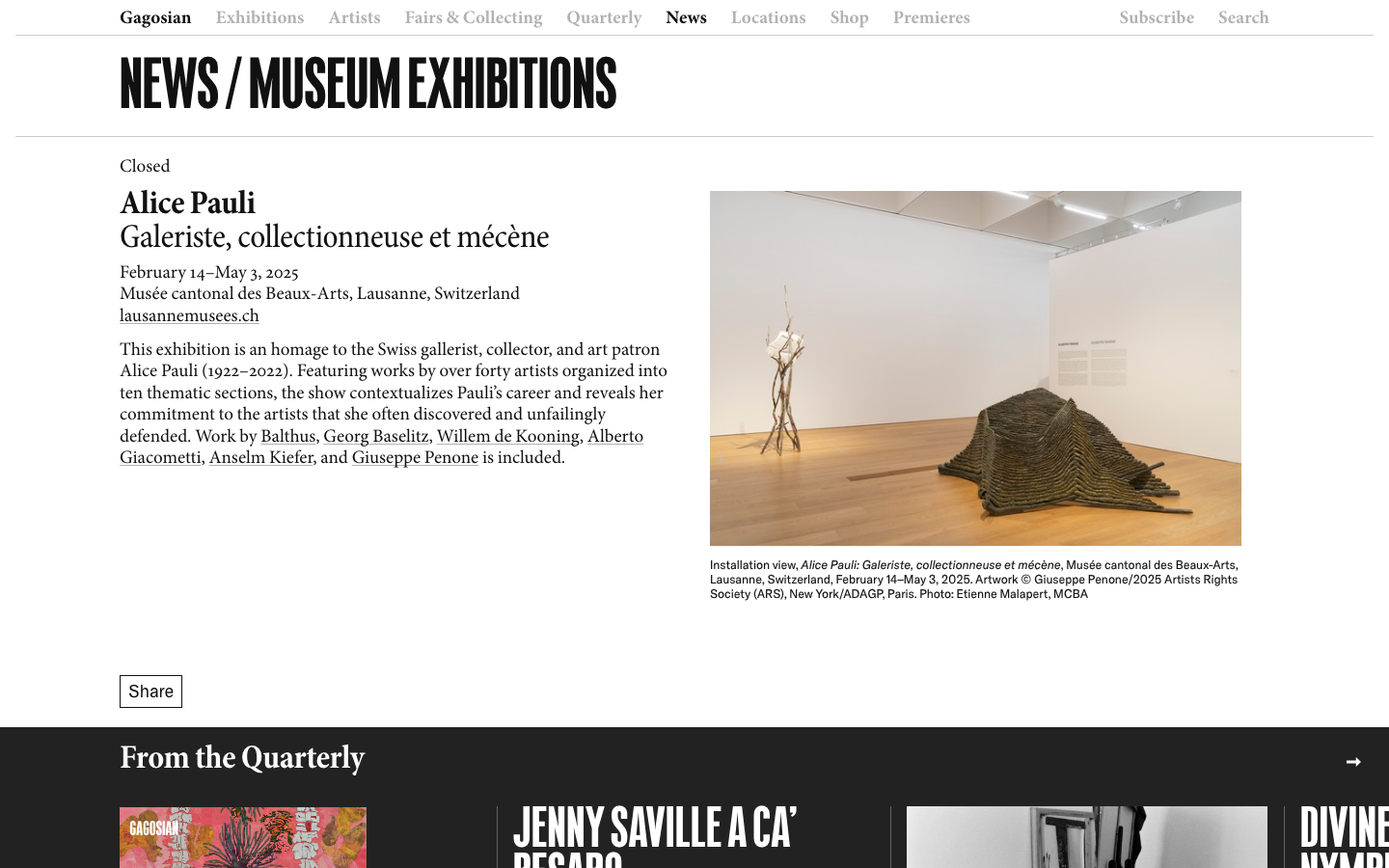 The page prioritizes a large, impactful image of the subject, with minimal text providing context. The overall feel is restrained and sophisticated, emphasizing the subject's presence. · artist portrait, art agency, gagosian, georg baselitz, modern art, contemporary art, art gallery, artist biography