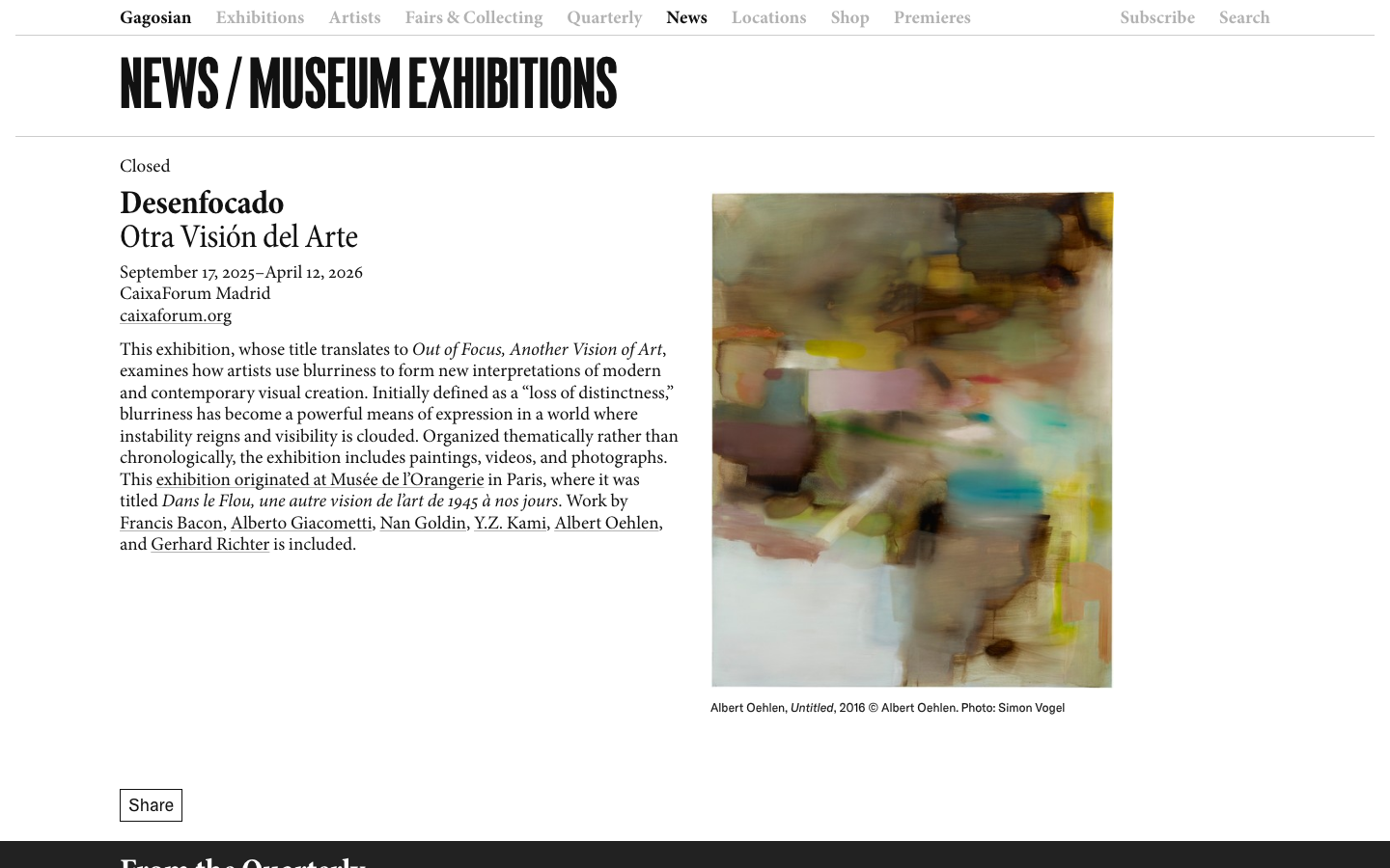 The page prioritizes a large, impactful image of the subject, with minimal text providing context. The overall feel is restrained and sophisticated, emphasizing the subject's presence. · artist portrait, art agency, gagosian, georg baselitz, modern art, contemporary art, art gallery, artist biography