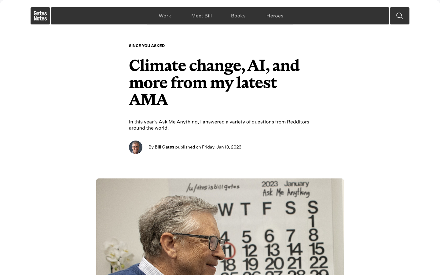 A striking, full-bleed image dominates the viewport, establishing a strong visual presence. The typography is clean and legible, prioritizing the headline and supporting text. The overall feel is contemplative and authoritative. · gates notes, newsletter, nonprofit, social impact, journalism, humanitarian, photography, editorial design