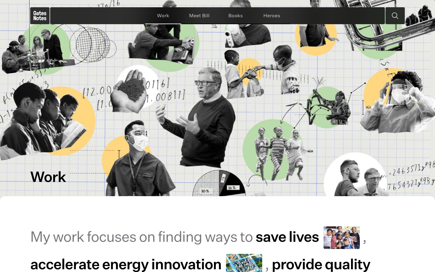 A striking, full-bleed image dominates the viewport, establishing a strong visual presence. The typography is clean and legible, prioritizing the headline and supporting text. The overall feel is contemplative and authoritative. · gates notes, newsletter, nonprofit, social impact, journalism, humanitarian, photography, editorial design