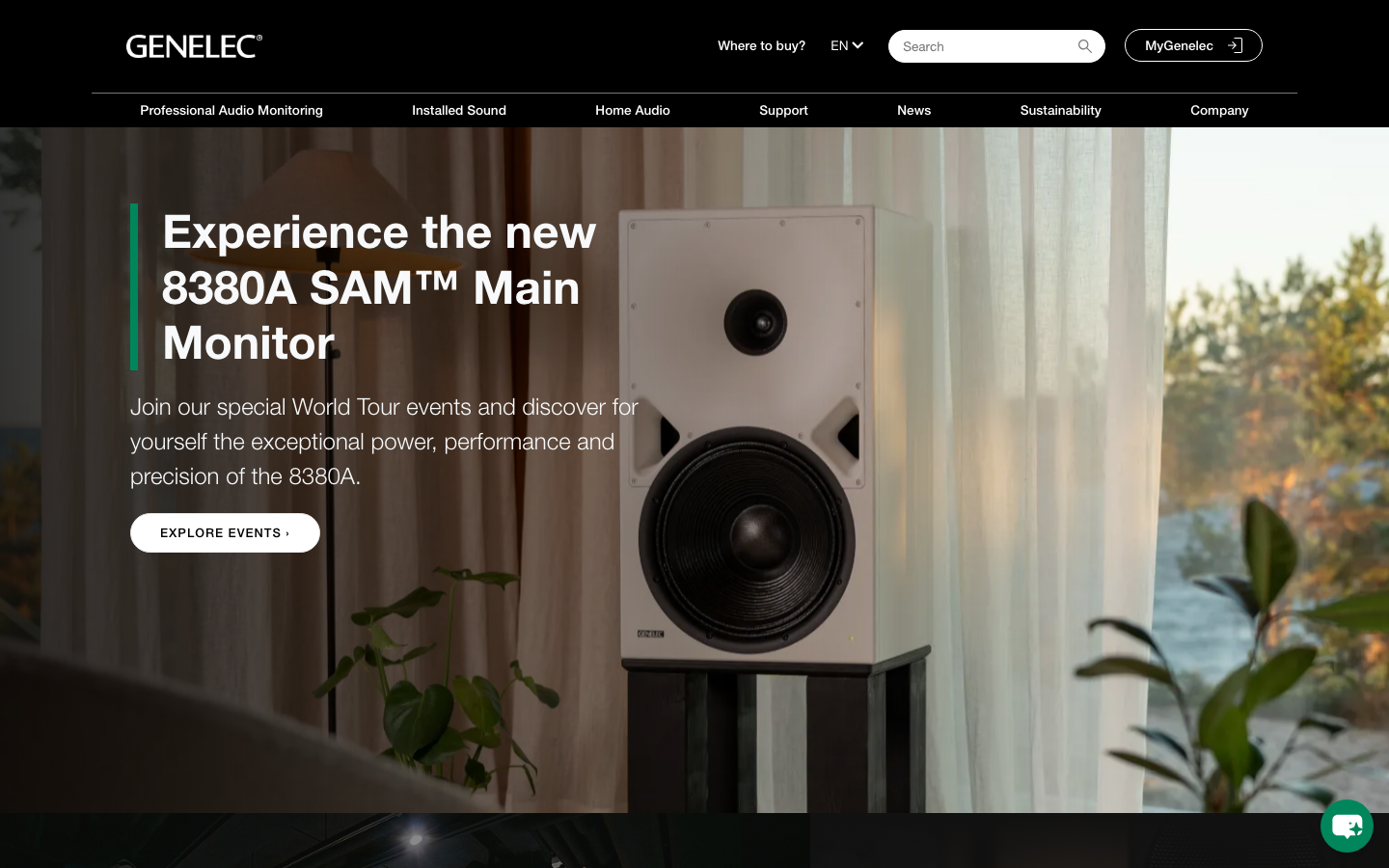 Genelec - The page uses a stark white background and a large hero image of the product, emphasizing clean lines and a focus on functionality. Typography is clear and functional, prioritizing readability over ornamentation. The overall feel is precise and informative.  ·  audio monitor, studio monitor, genelec, professional audio, speaker, 8380a, monitoring, sound, equipment