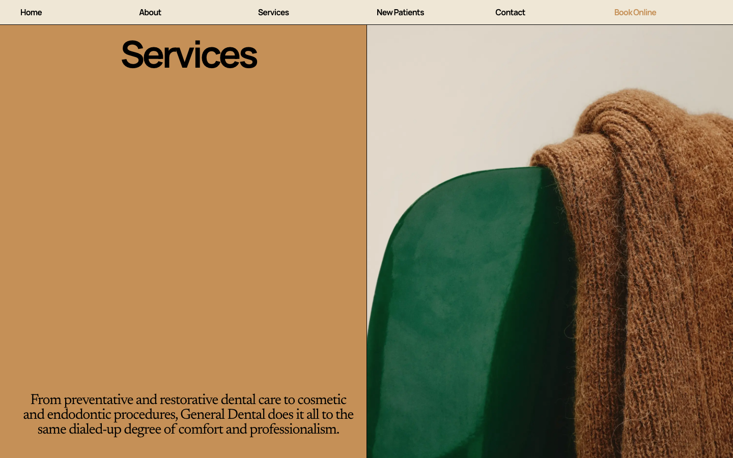 A sophisticated split-screen layout utilizing a muted ochre and deep forest green palette. The typography balances a bold, modern sans-serif header with a refined serif body for an editorial feel. · editorial health website, split screen hero, earthy color palette, minimalist dental clinic, luxury medical web design, serif and sans-serif pairing