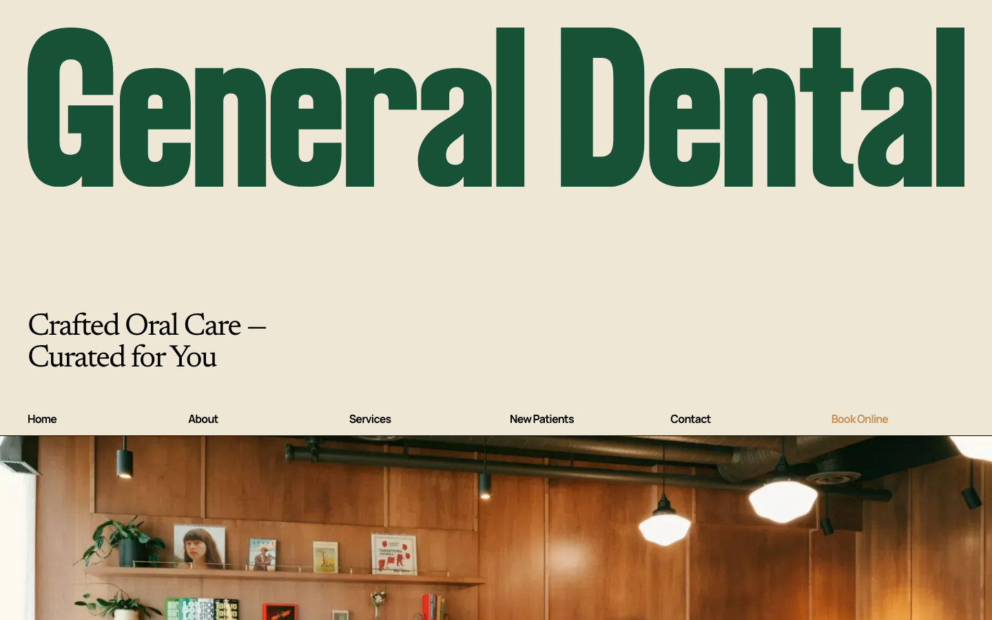 High-contrast pairing of a massive, chunky forest green serif headline against a cream background. The layout uses generous whitespace and a refined navigation bar to create a boutique, editorial feel. · editorial health website, boutique dental design, cream and forest green palette, large serif typography, minimalist medical hero, vintage modern web design