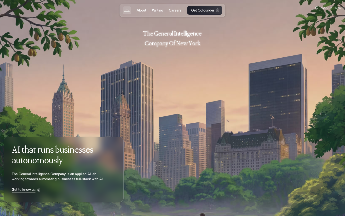A cinematic full-bleed hero featuring a soft-focus cityscape framed by organic foliage. A glassmorphic card provides a semi-transparent anchor for the primary value proposition and CTA. · ai lab landing page, glassmorphism hero, cinematic web design, editorial ai site, soft sunset palette