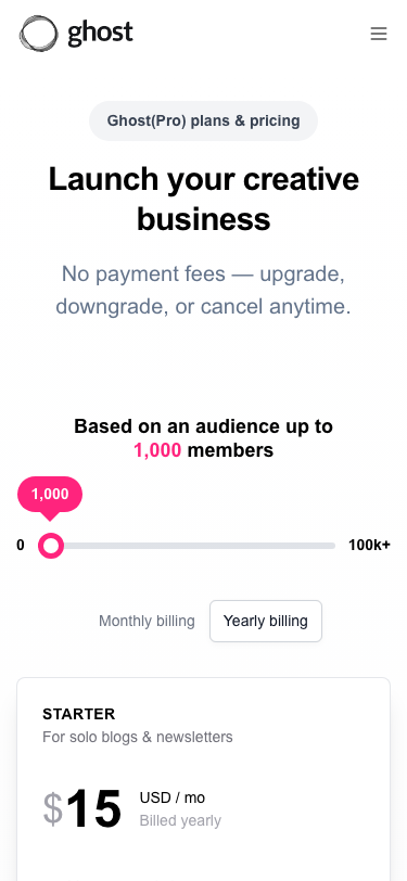 Ghost — Pricing - mobile