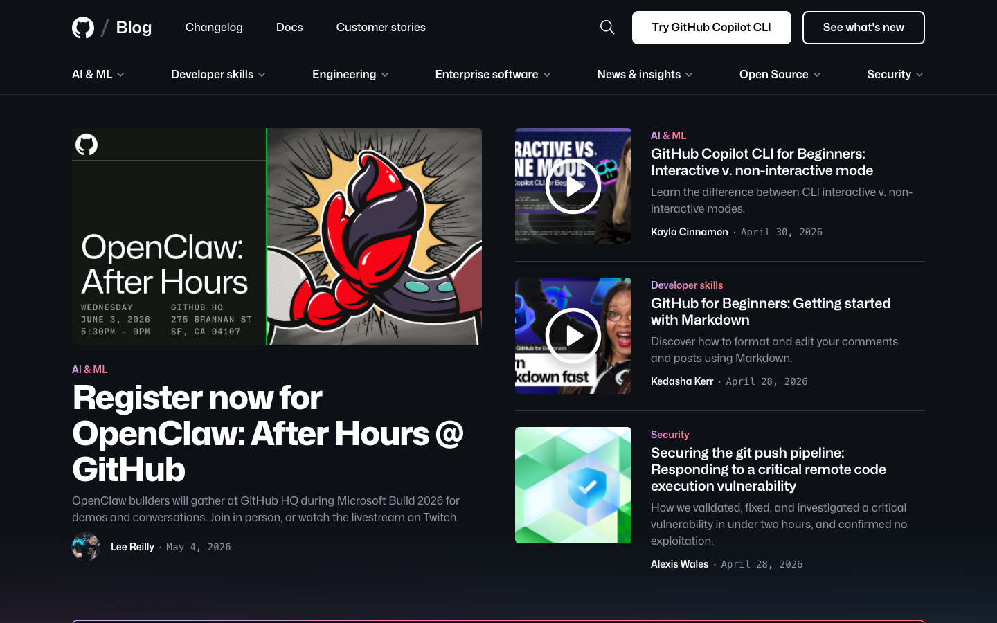The layout prioritizes recent posts with a clear visual hierarchy. The use of dark mode and a grid structure creates a focused, easily navigable experience. Typography is clean and functional, emphasizing readability. · github blog, developer blog, tech blog, coding blog, software development, blog grid, dark mode blog
