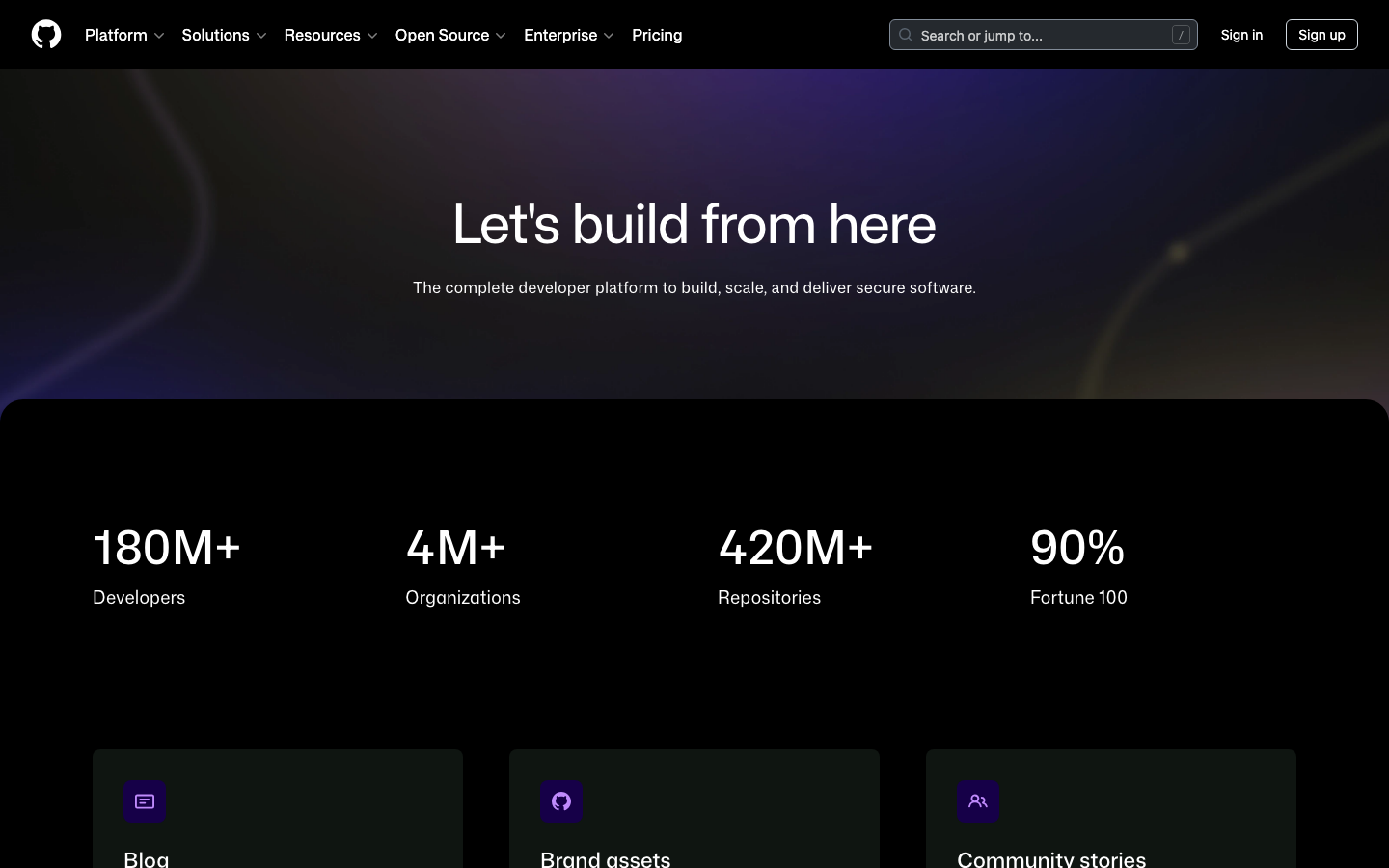 The design prioritizes clarity and functionality through a dark, high-contrast palette and a clean layout. The focus is on direct access to core actions – sign-up and try Copilot – presented with minimal visual clutter.   ·  developer tools dark, saas landing page, github design, technical website, minimalist dark mode, code platform, developer portal, dark ui, github copilot, developer platform