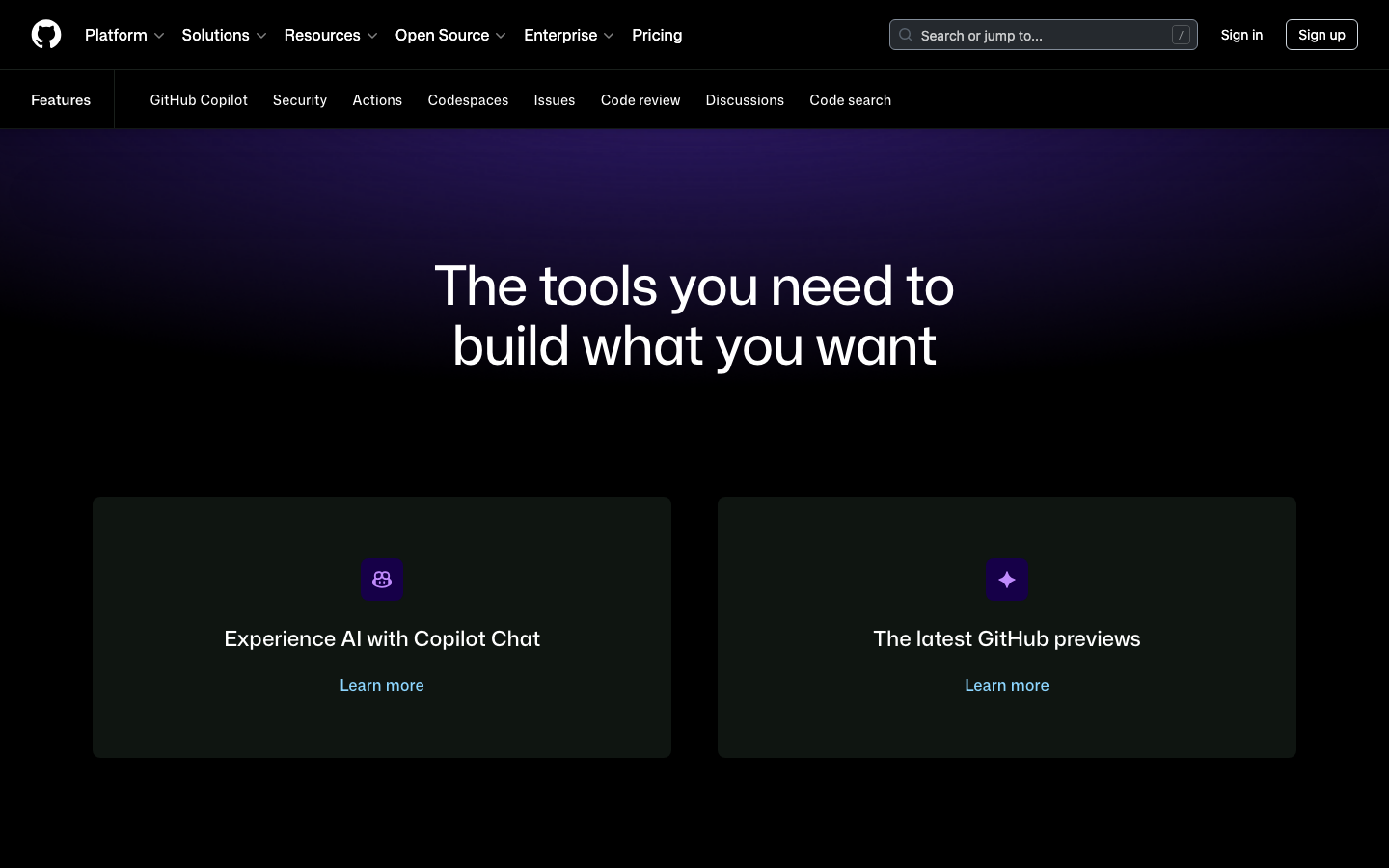The design prioritizes clarity and functionality through a dark, high-contrast palette and a clean layout. The focus is on direct access to core actions – sign-up and try Copilot – presented with minimal visual clutter.   ·  developer tools dark, saas landing page, github design, technical website, minimalist dark mode, code platform, developer portal, dark ui, github copilot, developer platform