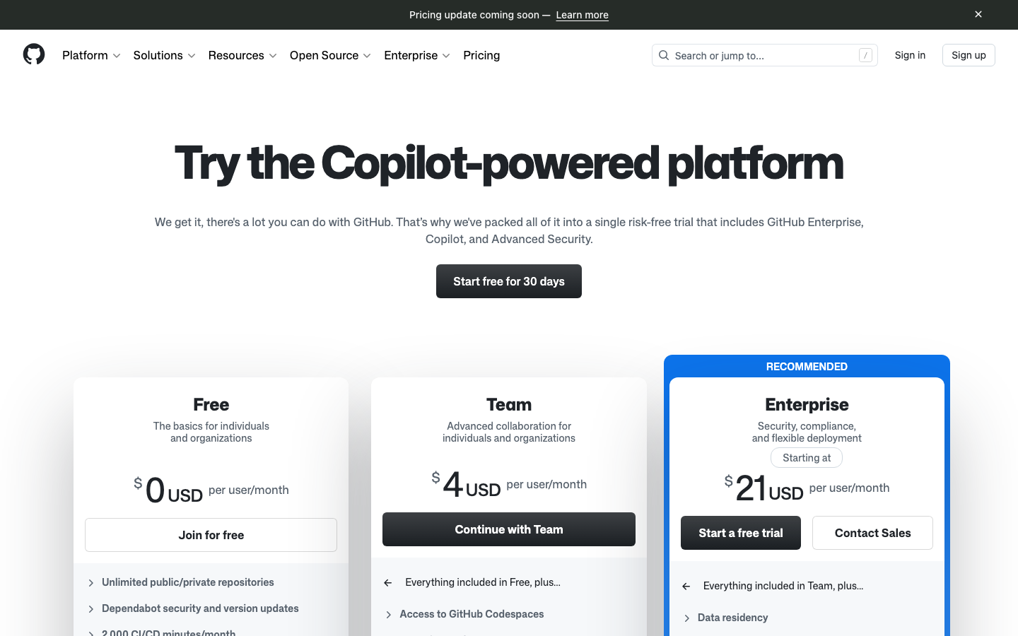The design prioritizes clarity and functionality through a dark, high-contrast palette and a clean layout. The focus is on direct access to core actions – sign-up and try Copilot – presented with minimal visual clutter.   ·  developer tools dark, saas landing page, github design, technical website, minimalist dark mode, code platform, developer portal, dark ui, github copilot, developer platform