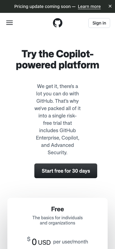 Github — Pricing - mobile