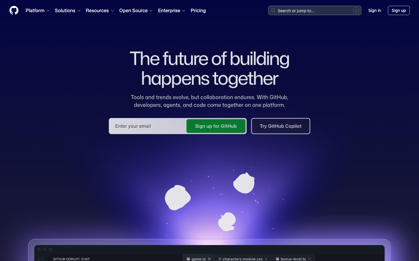 The design prioritizes clarity and functionality through a dark, high-contrast palette and a clean layout. The focus is on direct access to core actions – sign-up and try Copilot – presented with minimal visual clutter. · developer tools dark, saas landing page, github design, technical website, minimalist dark mode, code platform, developer portal, dark ui, github copilot, developer platform
