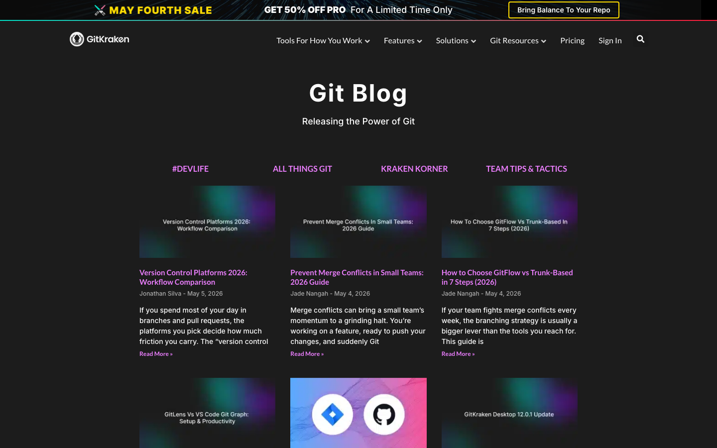 The design prioritizes functionality and clarity with a dark, high-contrast palette. The layout uses a sticky navigation and a prominent hero section showcasing the product's core value proposition. Visual density is moderate, focusing on conveying information efficiently. · dark saas, developer tools, git client, ai powered, terminal interface, code visualization, version control, saas product, technical website